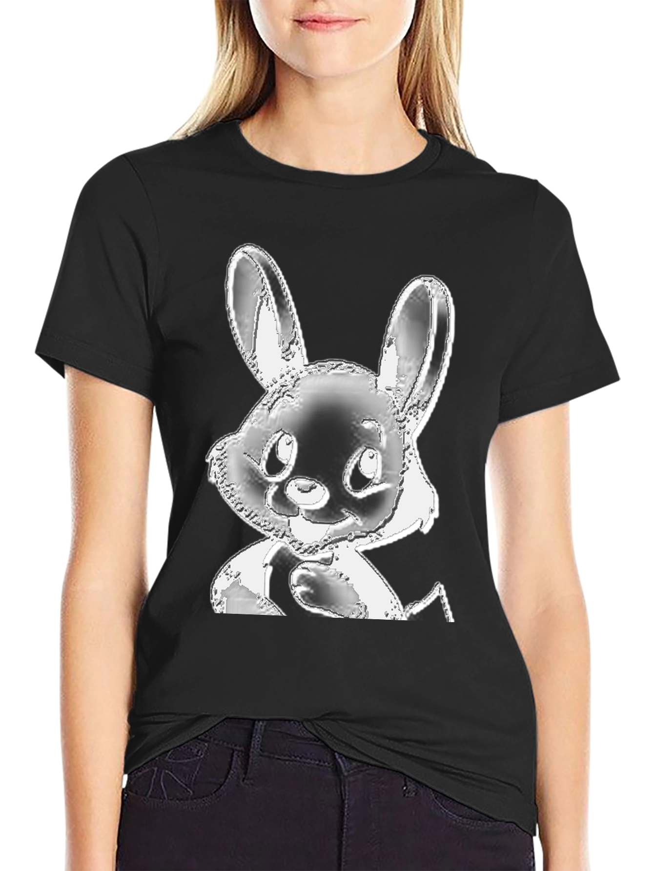 Cute Bunny Graphic Tee - Black Cotton T-Shirt