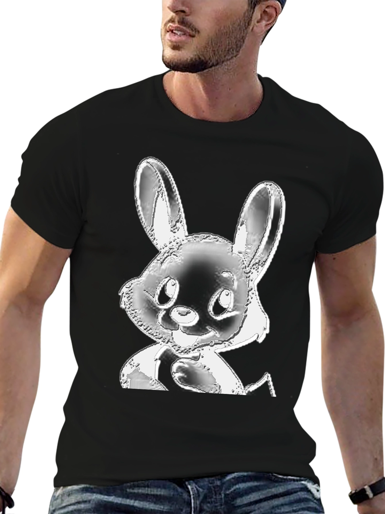 Cute Bunny Graphic Tee - Black Cotton T-Shirt