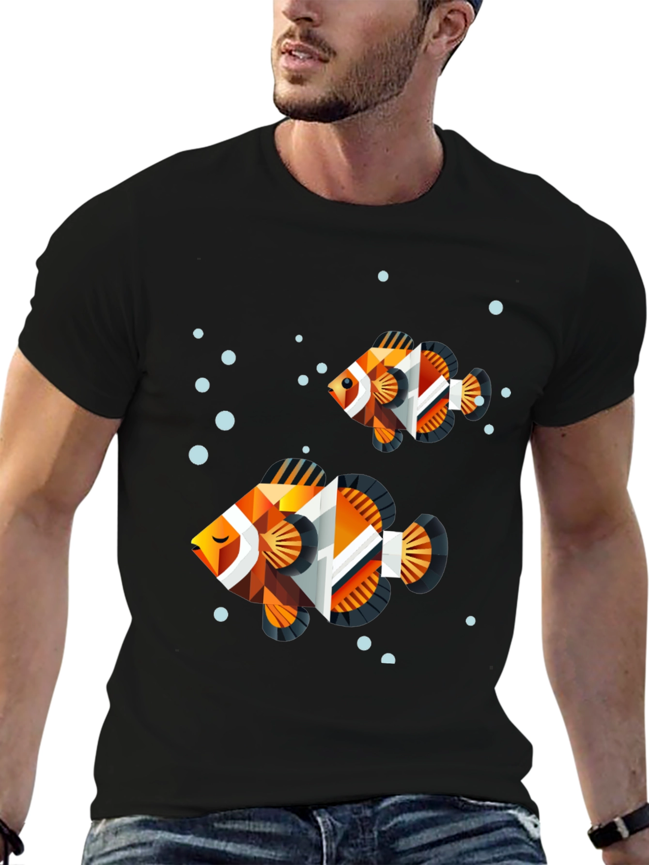 Geometric Fish Graphic Tee - Black Cotton Blend