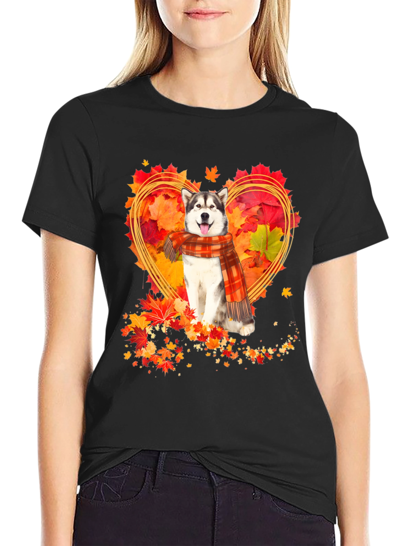 Husky Fall Leaves Heart T-Shirt