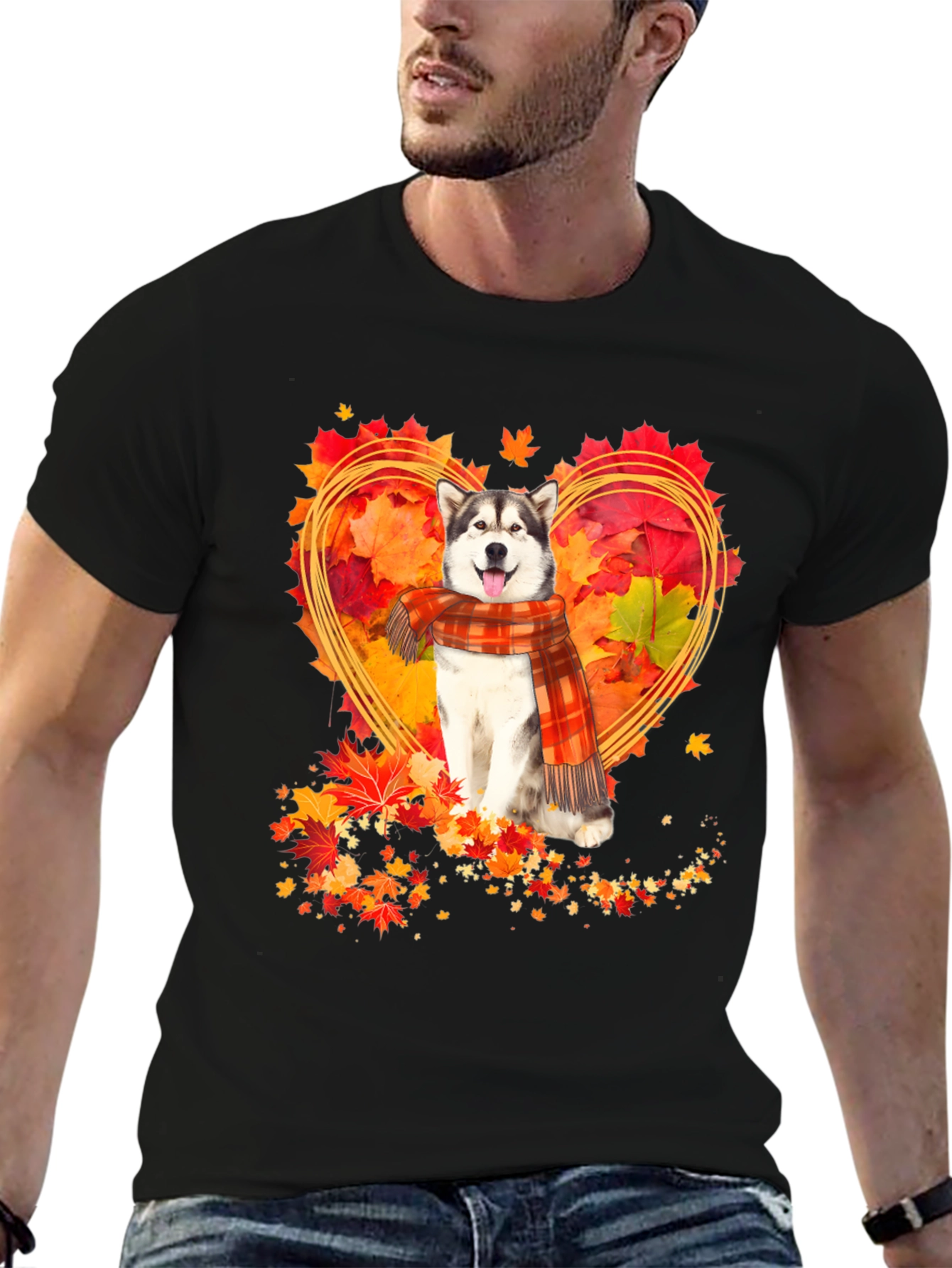Husky Fall Leaves Heart T-Shirt