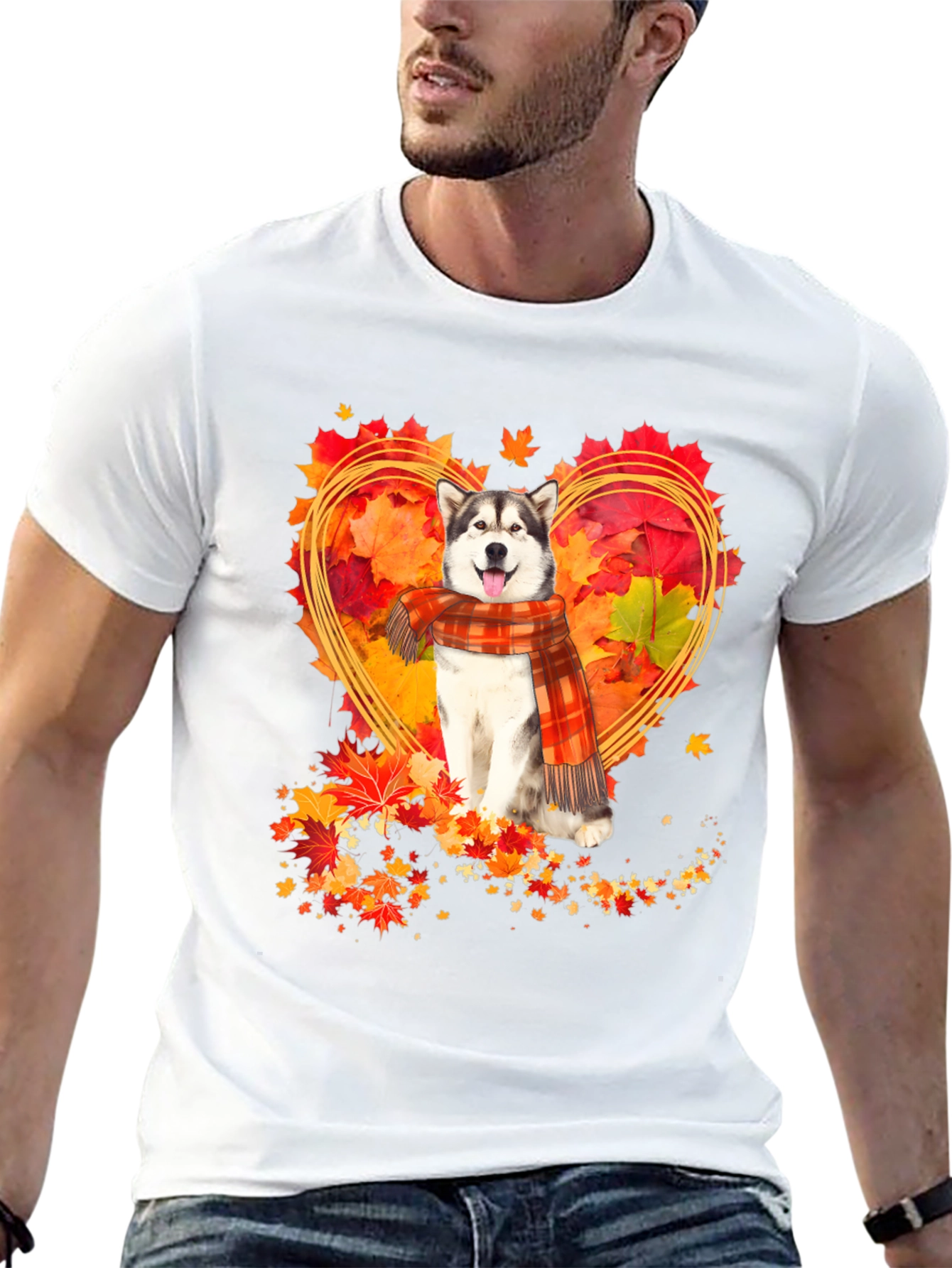 Husky Fall Leaves Heart T-Shirt