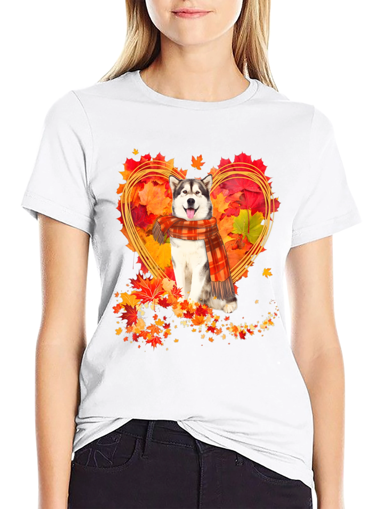 Husky Fall Leaves Heart T-Shirt