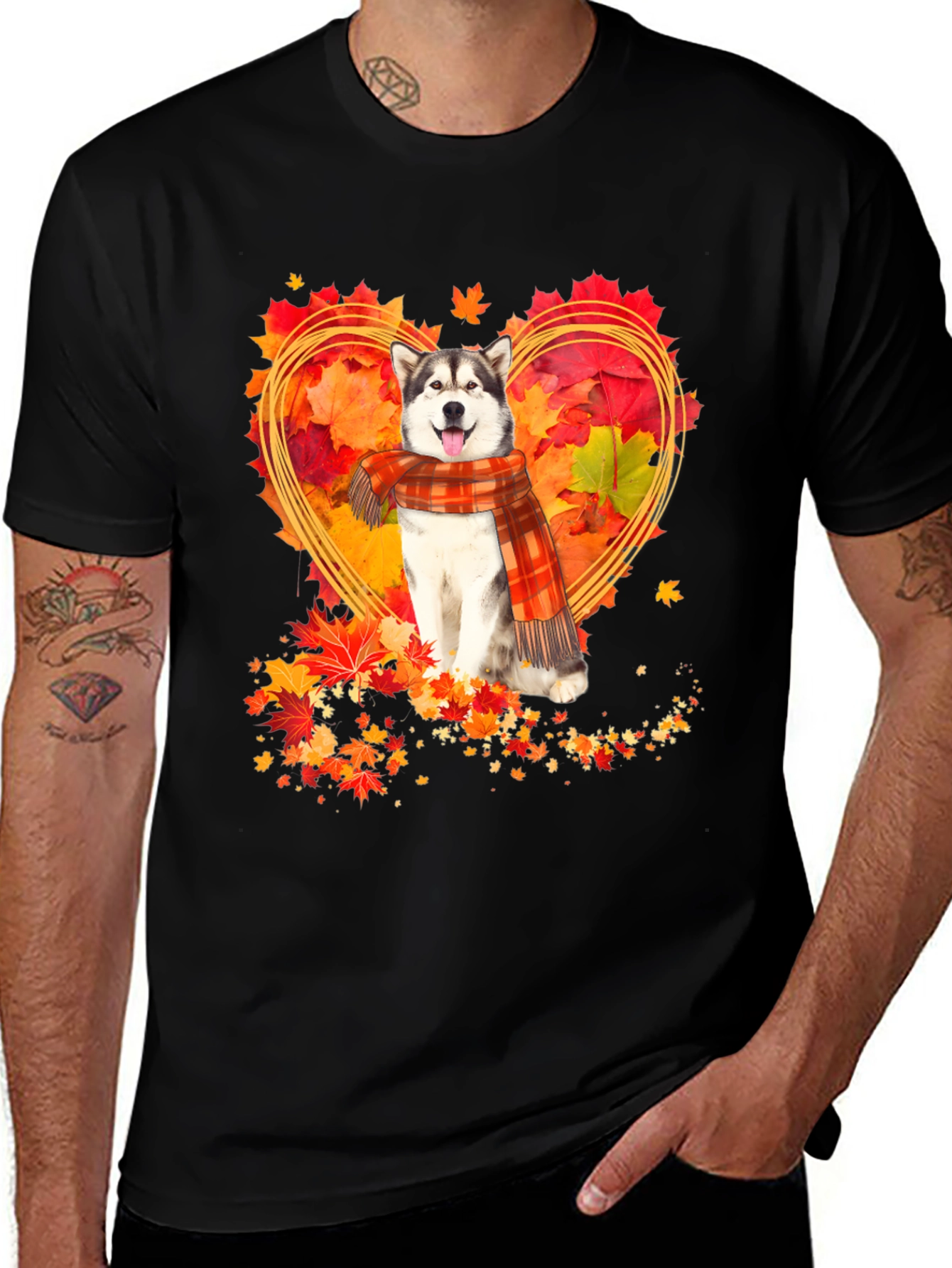 Husky Fall Leaves Heart T-Shirt