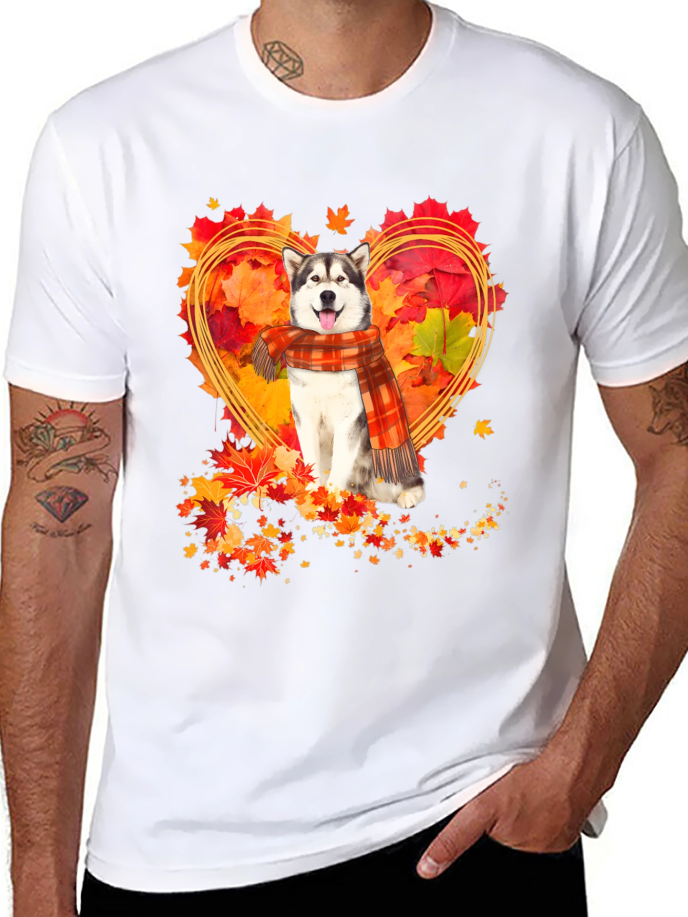 Husky Fall Leaves Heart T-Shirt