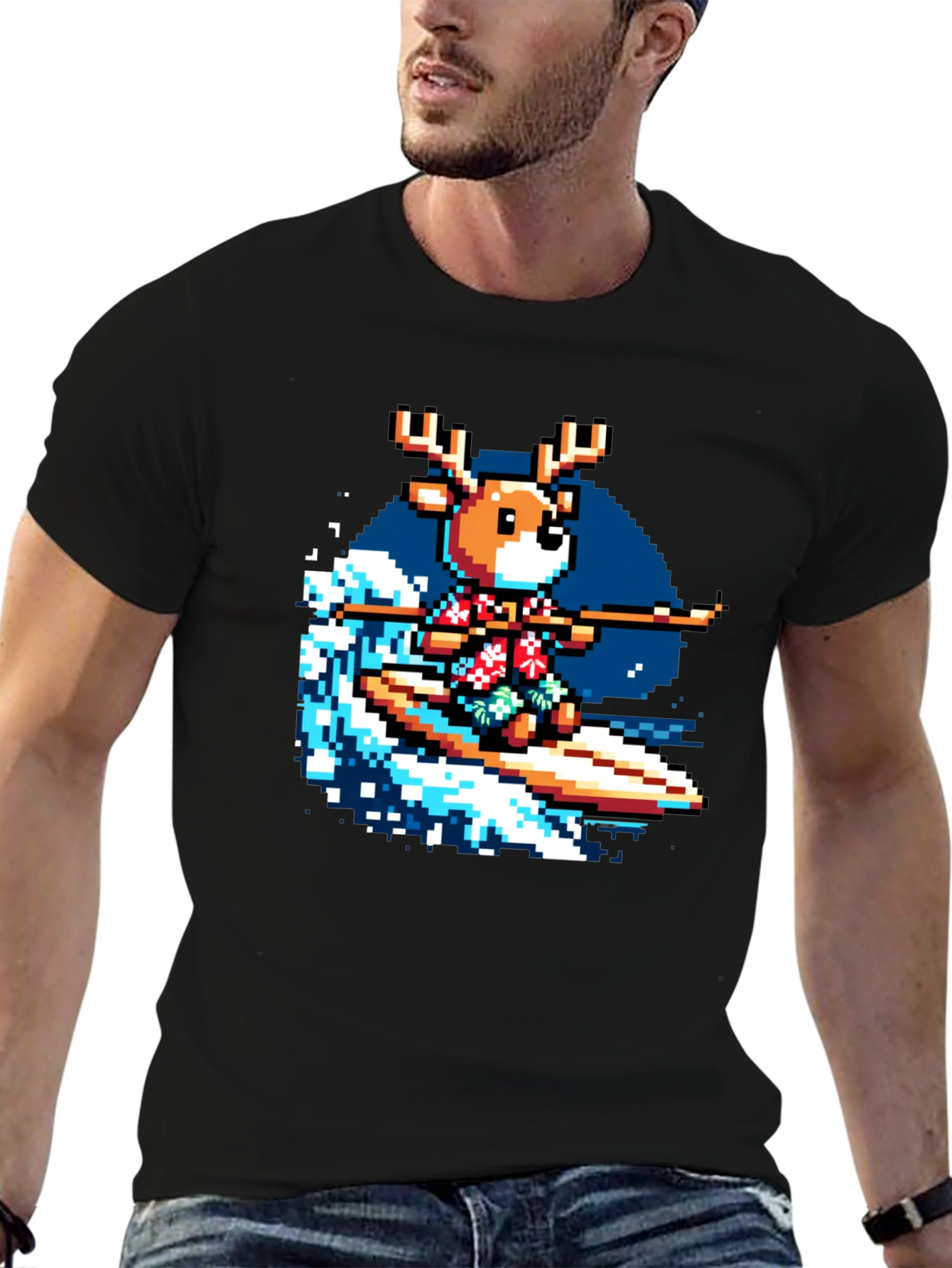 Pixel Reindeer Surfing Graphic Tee