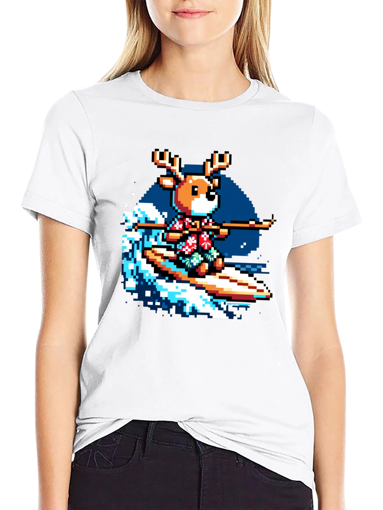 Pixel Reindeer Surfing Graphic Tee