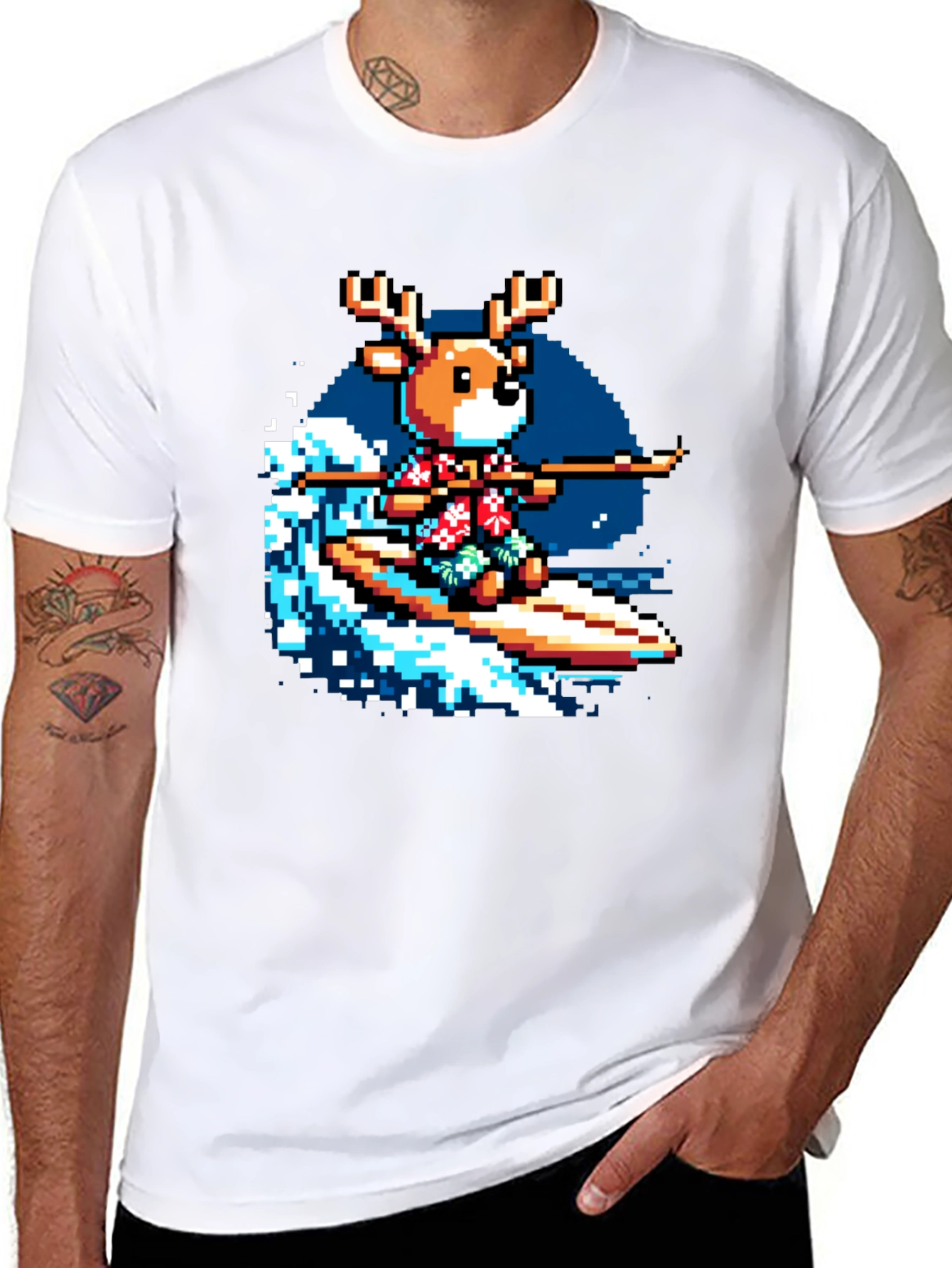 Pixel Reindeer Surfing Graphic Tee