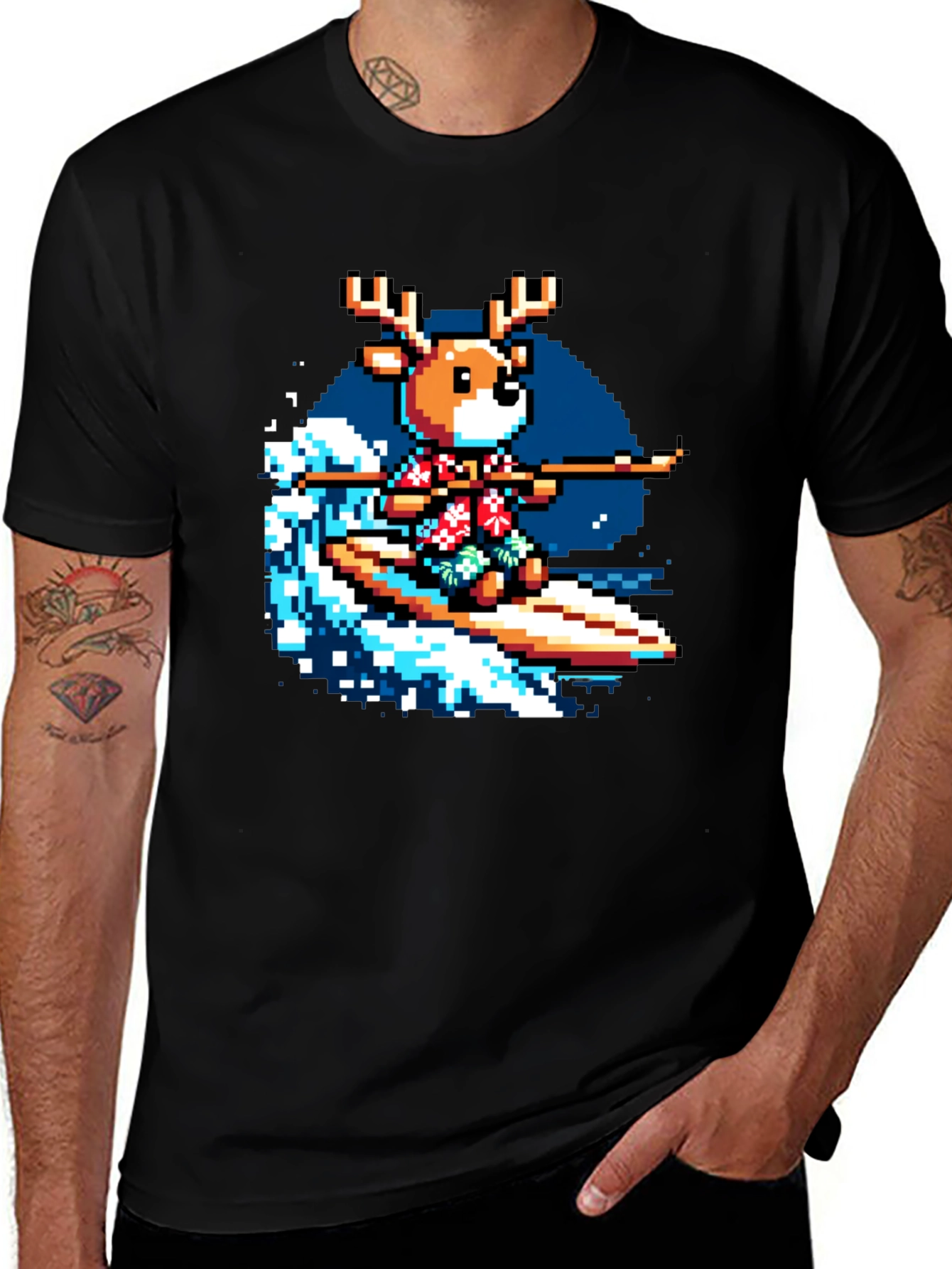 Pixel Reindeer Surfing Graphic Tee