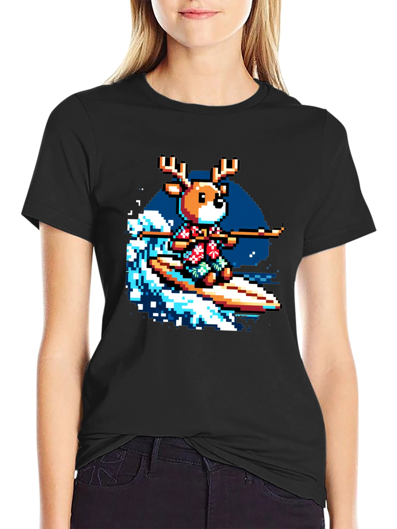Pixel Reindeer Surfing Graphic Tee