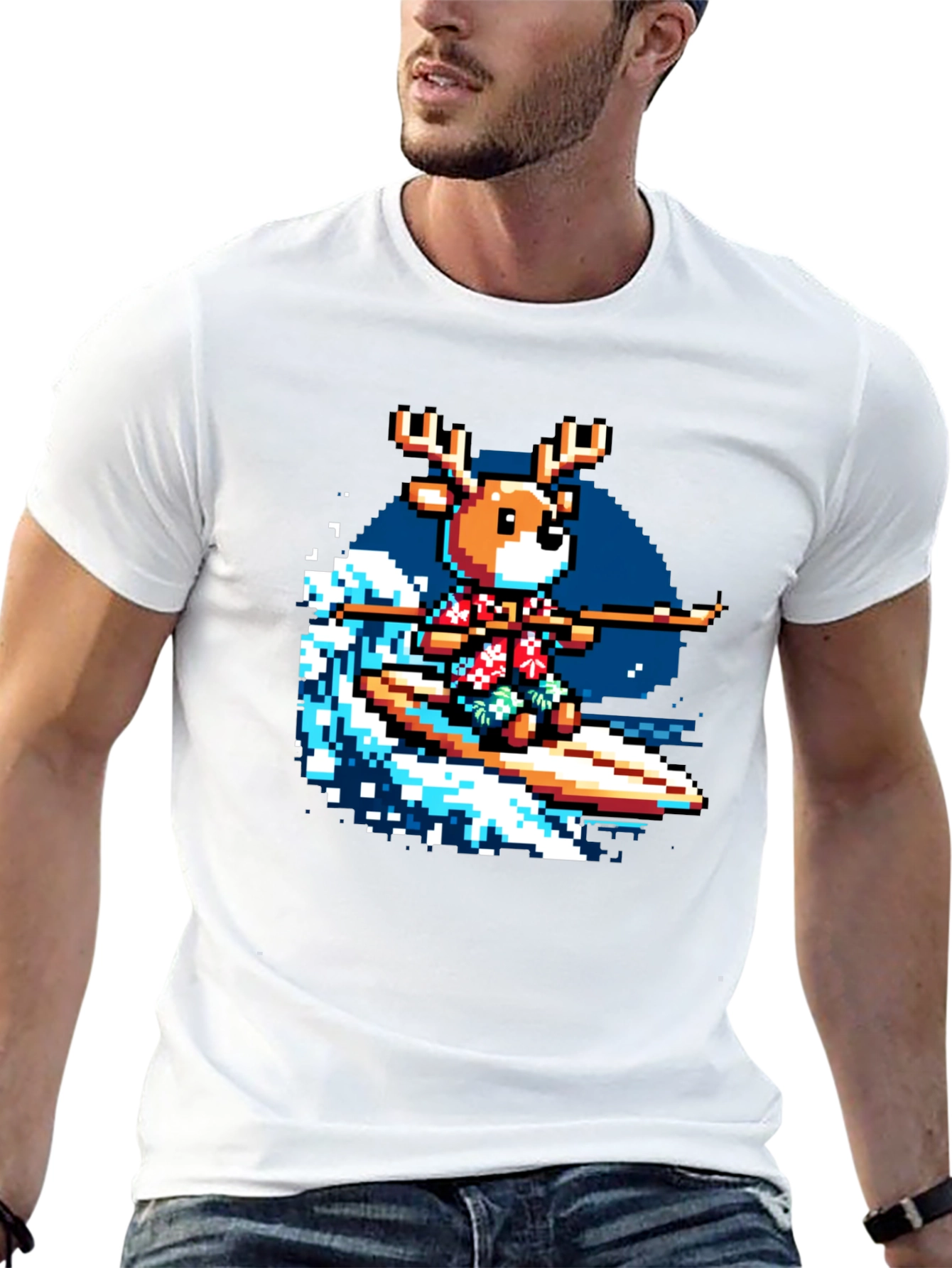 Pixel Reindeer Surfing Graphic Tee
