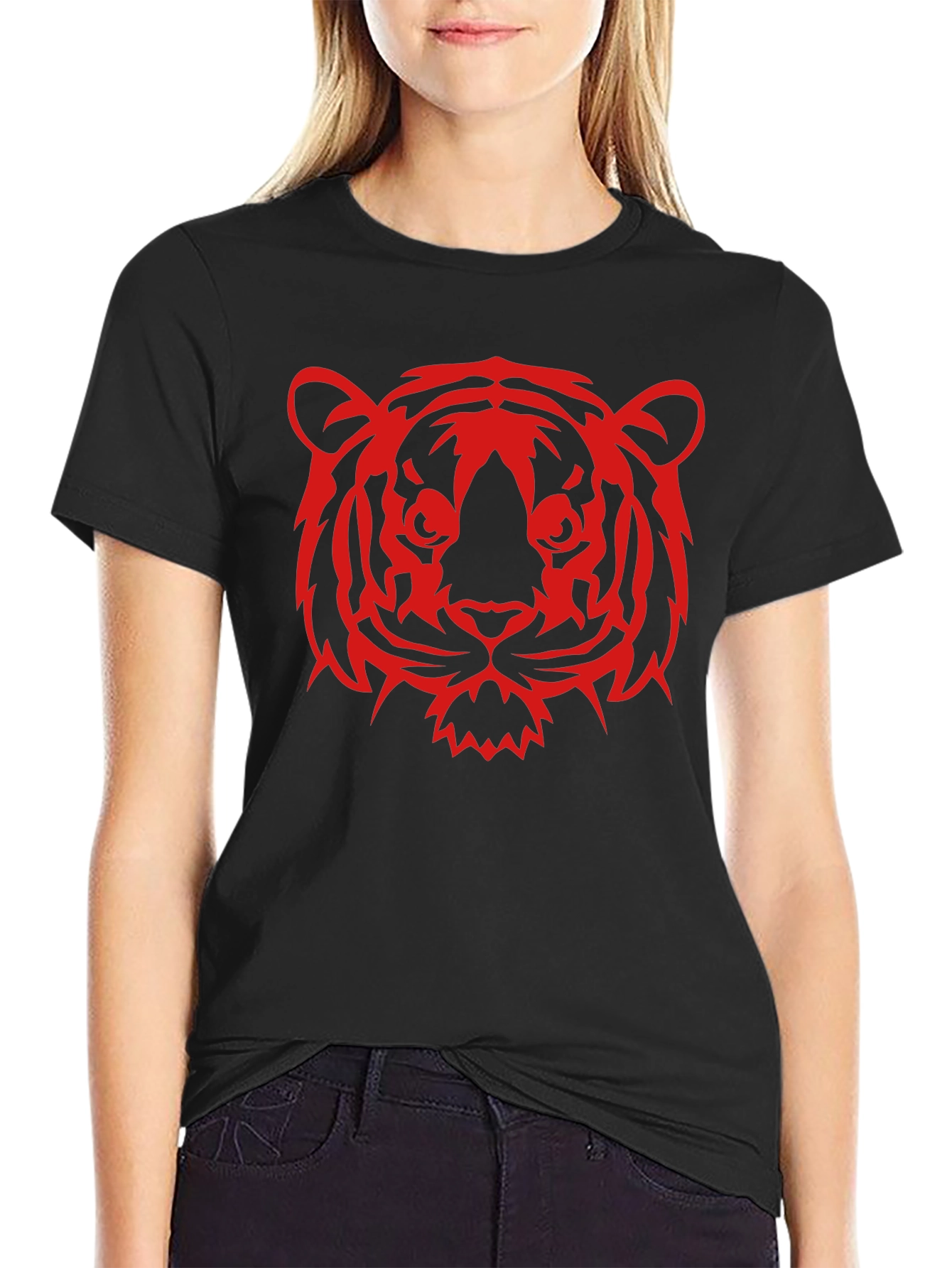 Red Tiger Graphic Black T-Shirt - Bold Animal Design