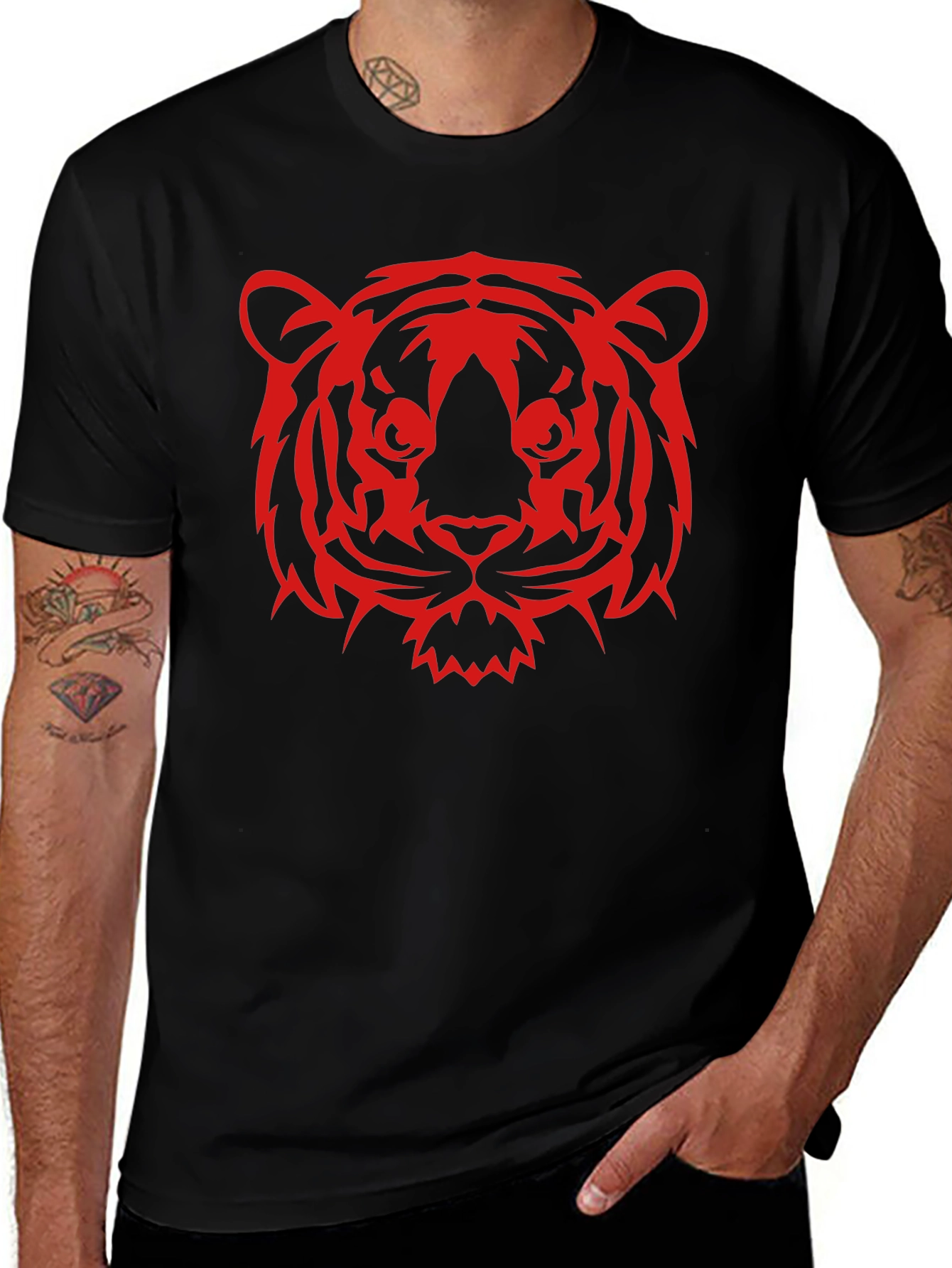 Red Tiger Graphic Black T-Shirt - Bold Animal Design