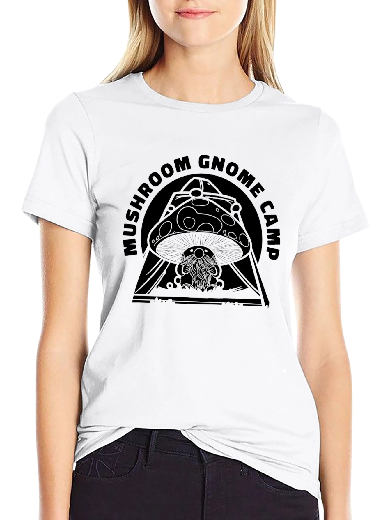 Mushroom Gnome Camp Black Graphic T-Shirt