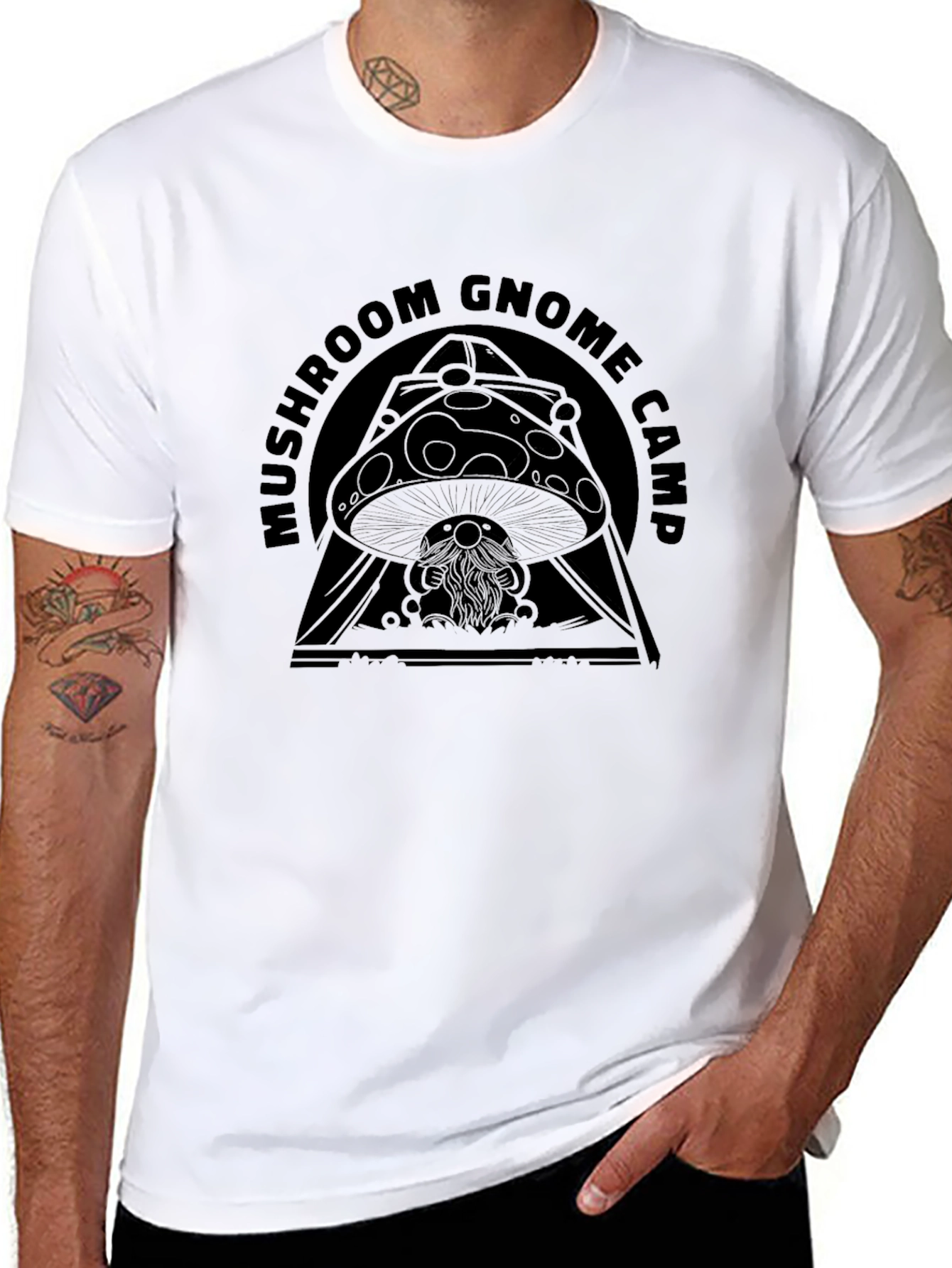 Mushroom Gnome Camp Black Graphic T-Shirt