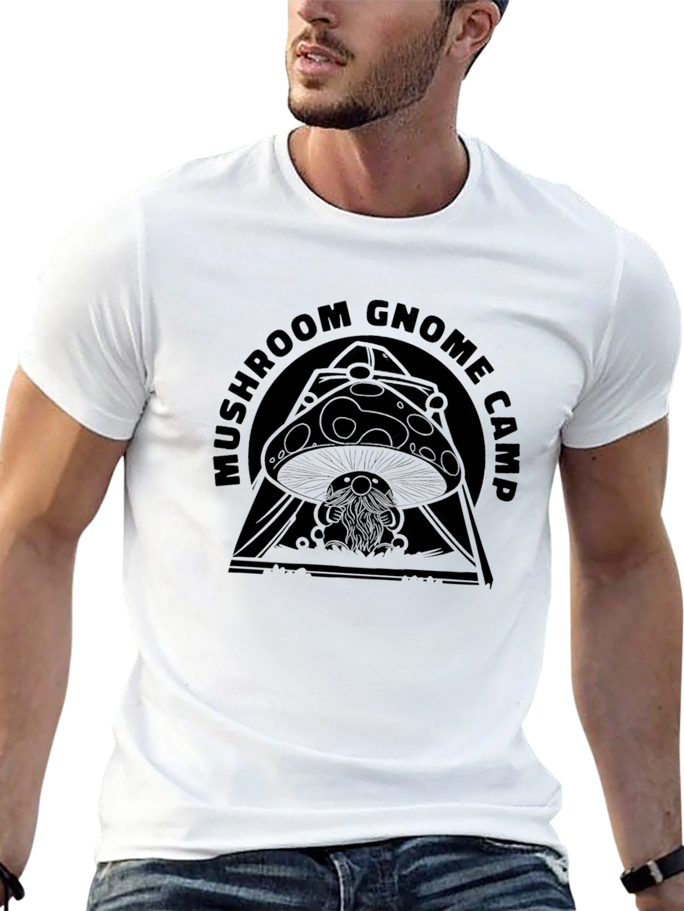 Mushroom Gnome Camp Black Graphic T-Shirt