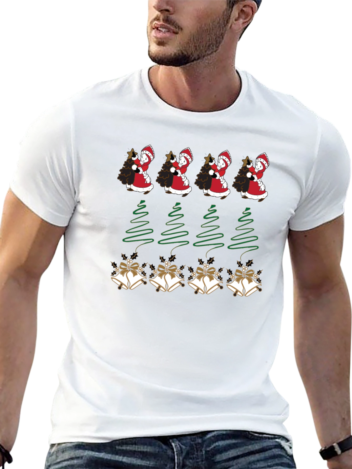 Festive Holiday Tee: Santa Trees and Bells Design