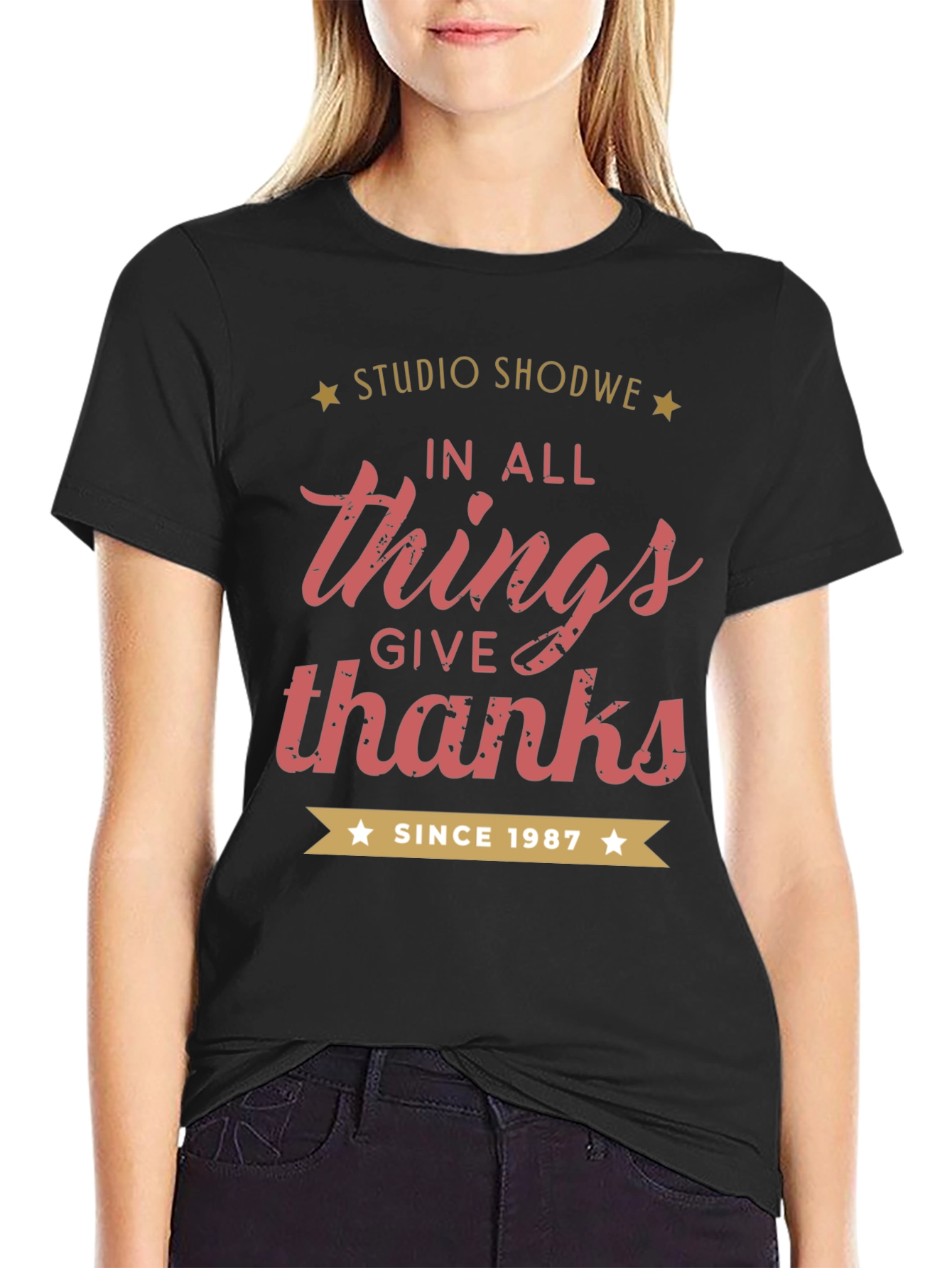 Studio Shodwe In All Things Give Thanks Black Tee
