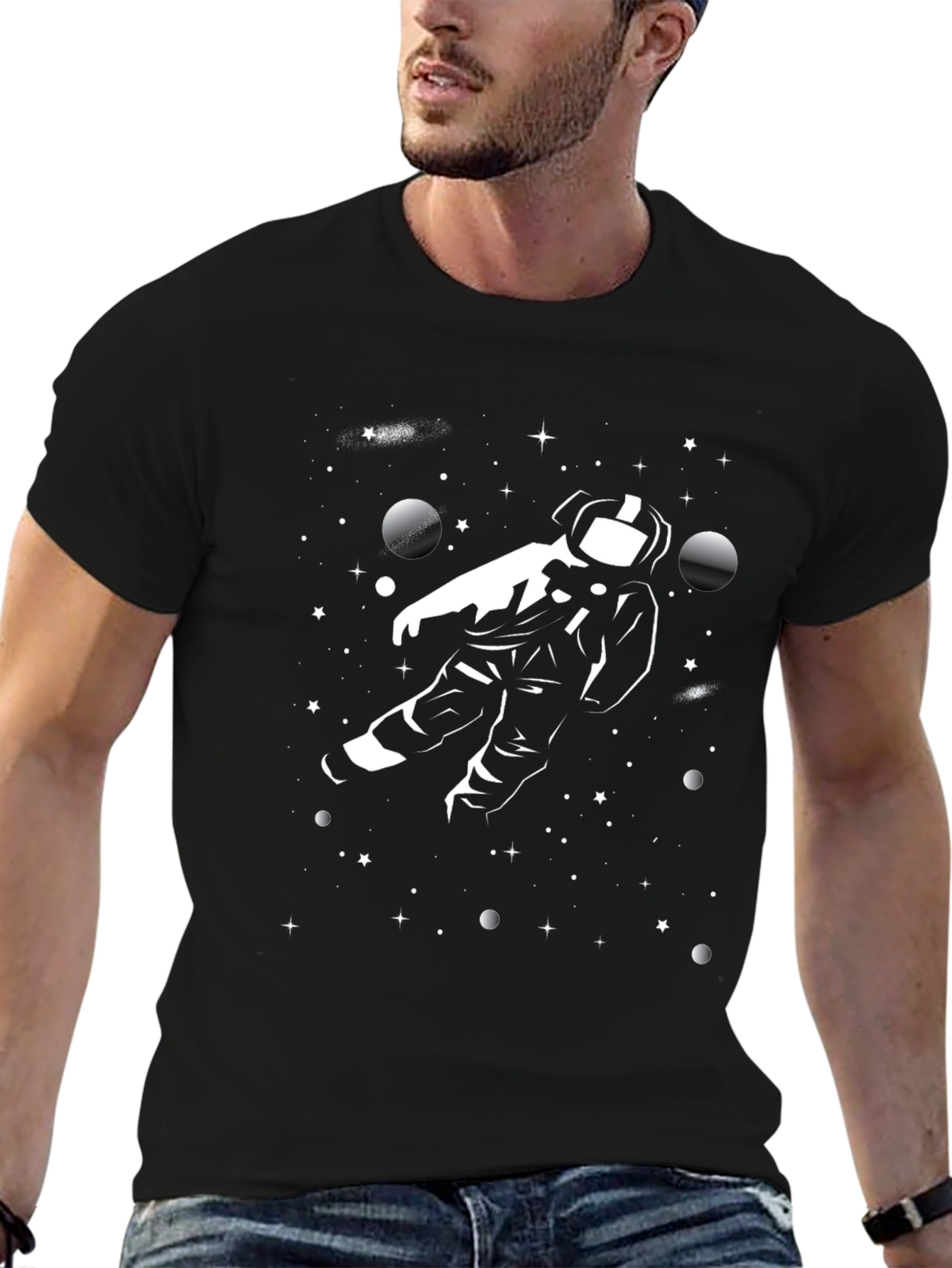 Astronaut in Space Graphic Tee - Black Cotton T-Shirt
