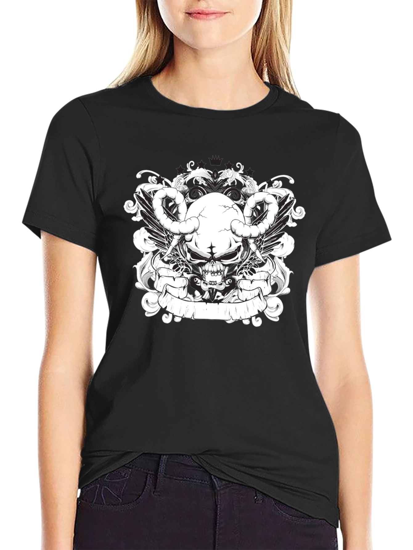 Skull & Wings Graphic Tee - Black Cotton T-Shirt