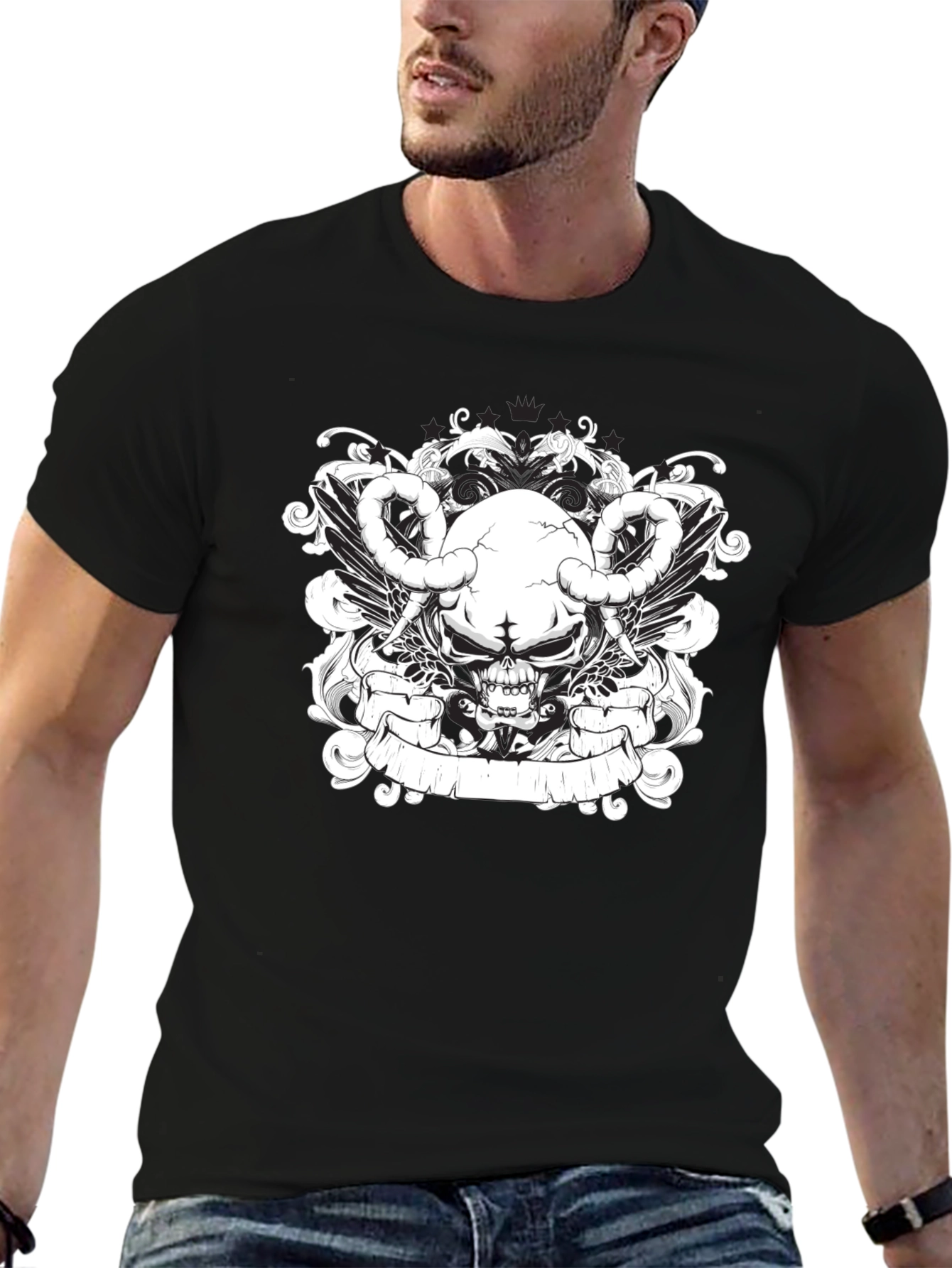 Skull & Wings Graphic Tee - Black Cotton T-Shirt