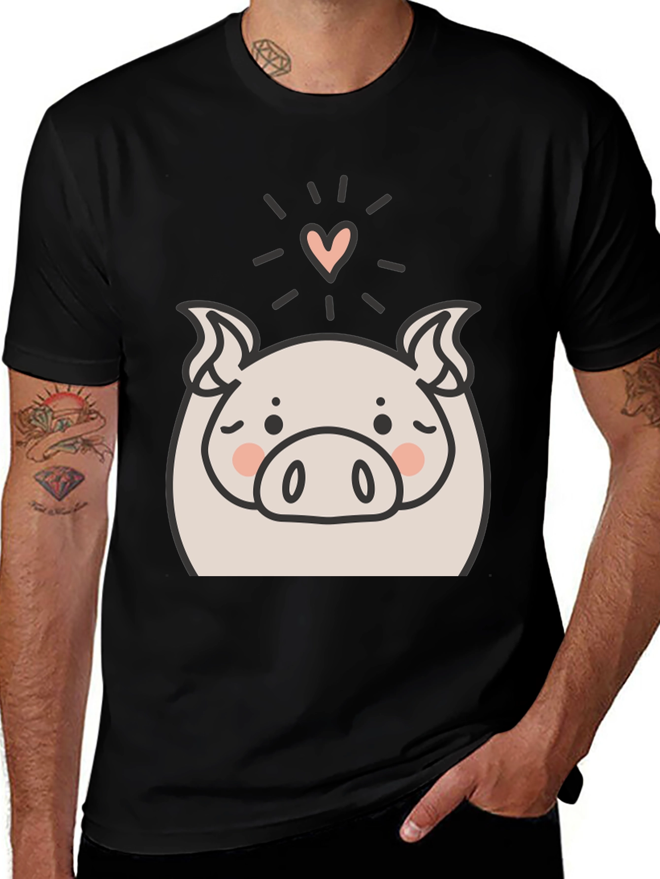 Cute Pig Heart Graphic Black T-Shirt