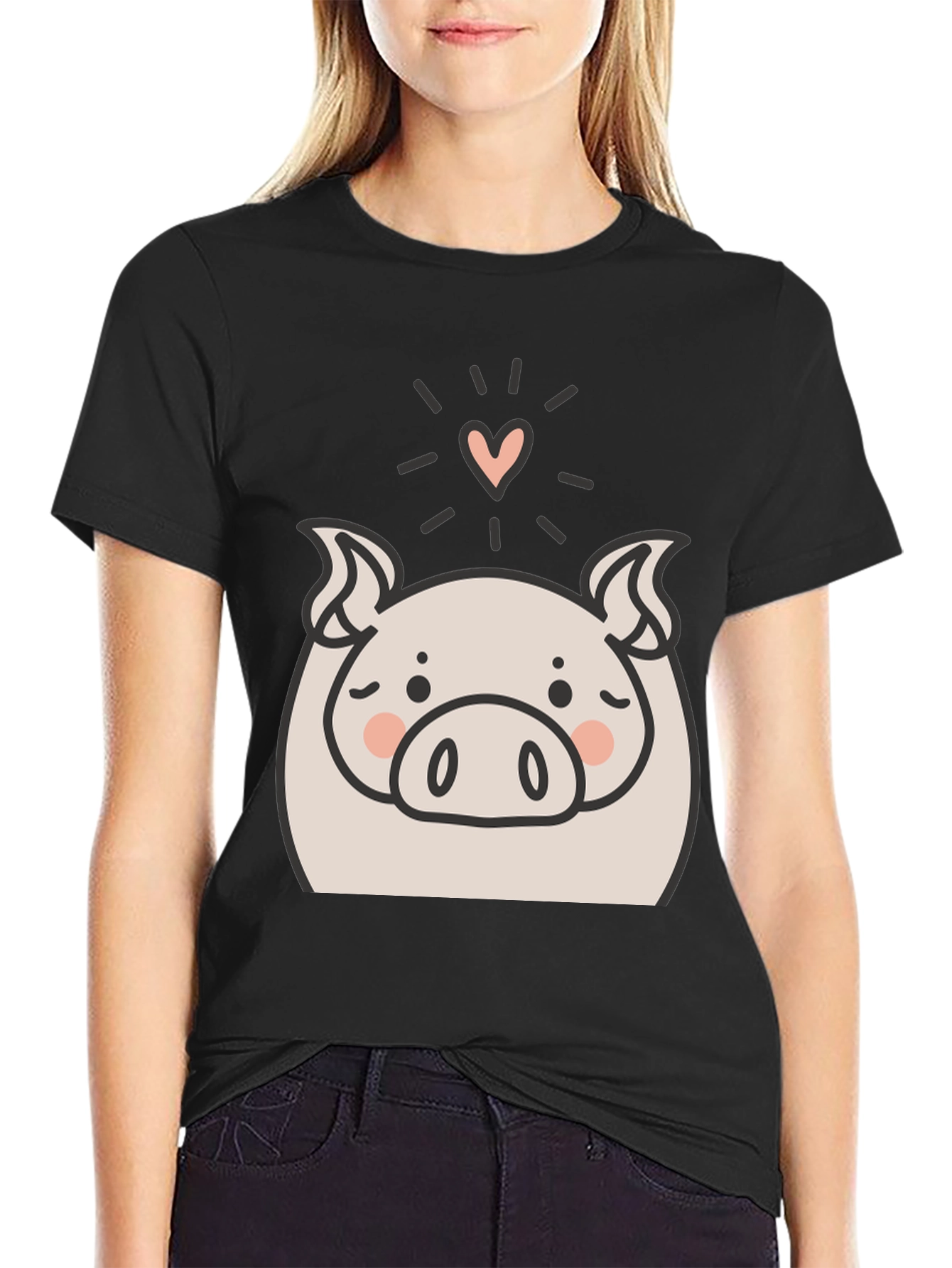 Cute Pig Heart Graphic Black T-Shirt