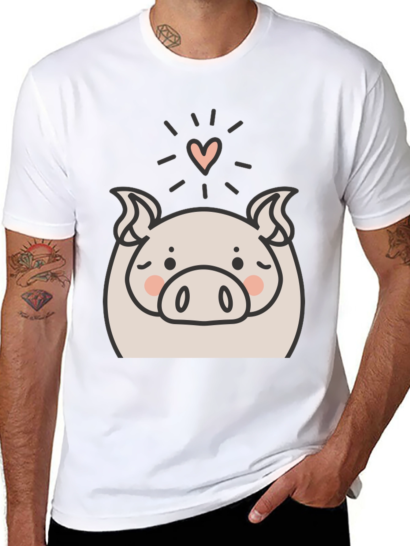Cute Pig Heart Graphic Black T-Shirt