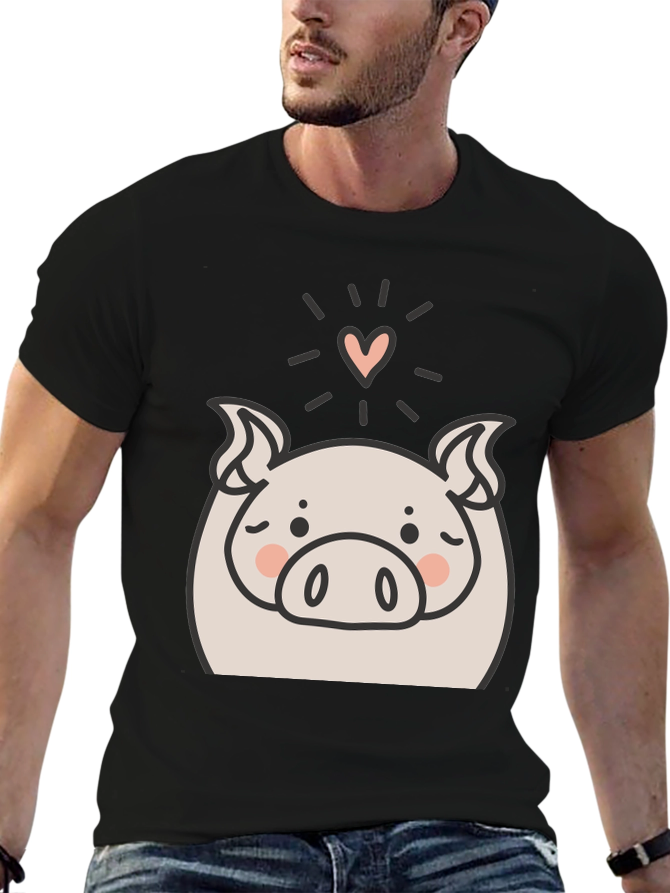 Cute Pig Heart Graphic Black T-Shirt
