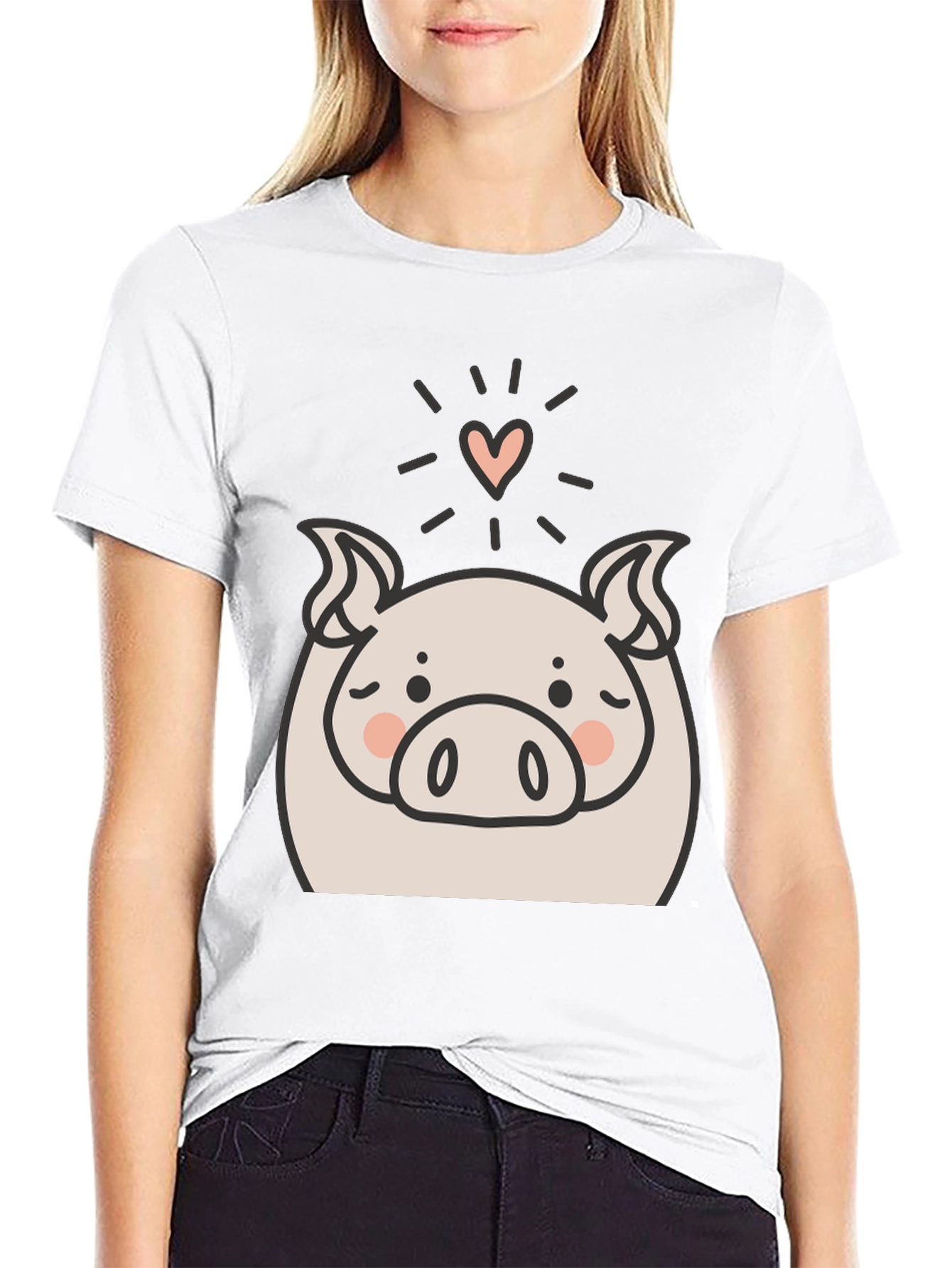 Cute Pig Heart Graphic Black T-Shirt