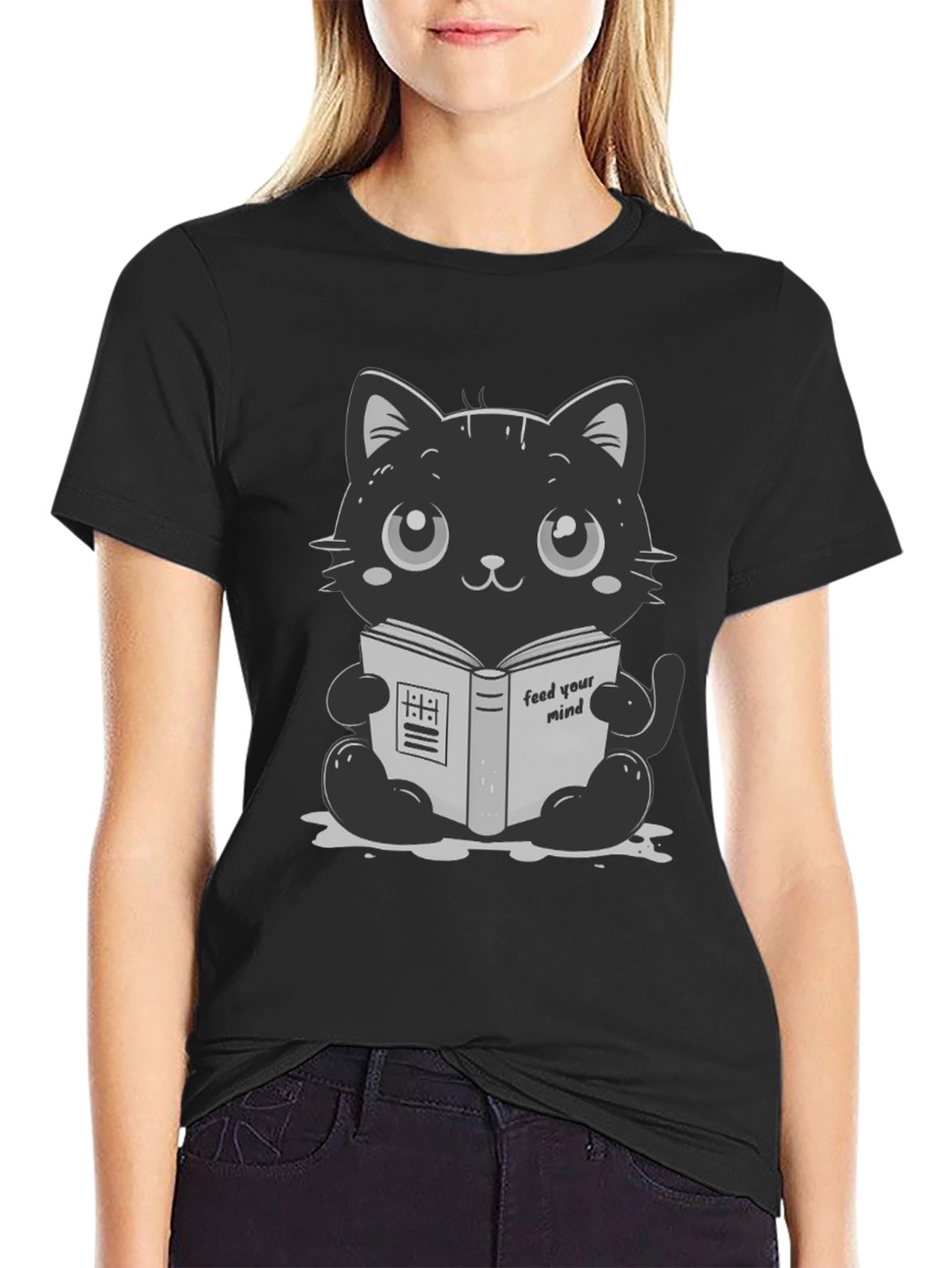 Cute Cartoon Cat Reading Book T-Shirt
