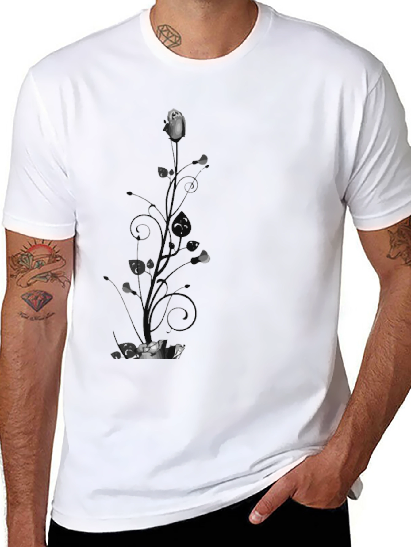 Elegant Black T-Shirt with Floral Rose Design