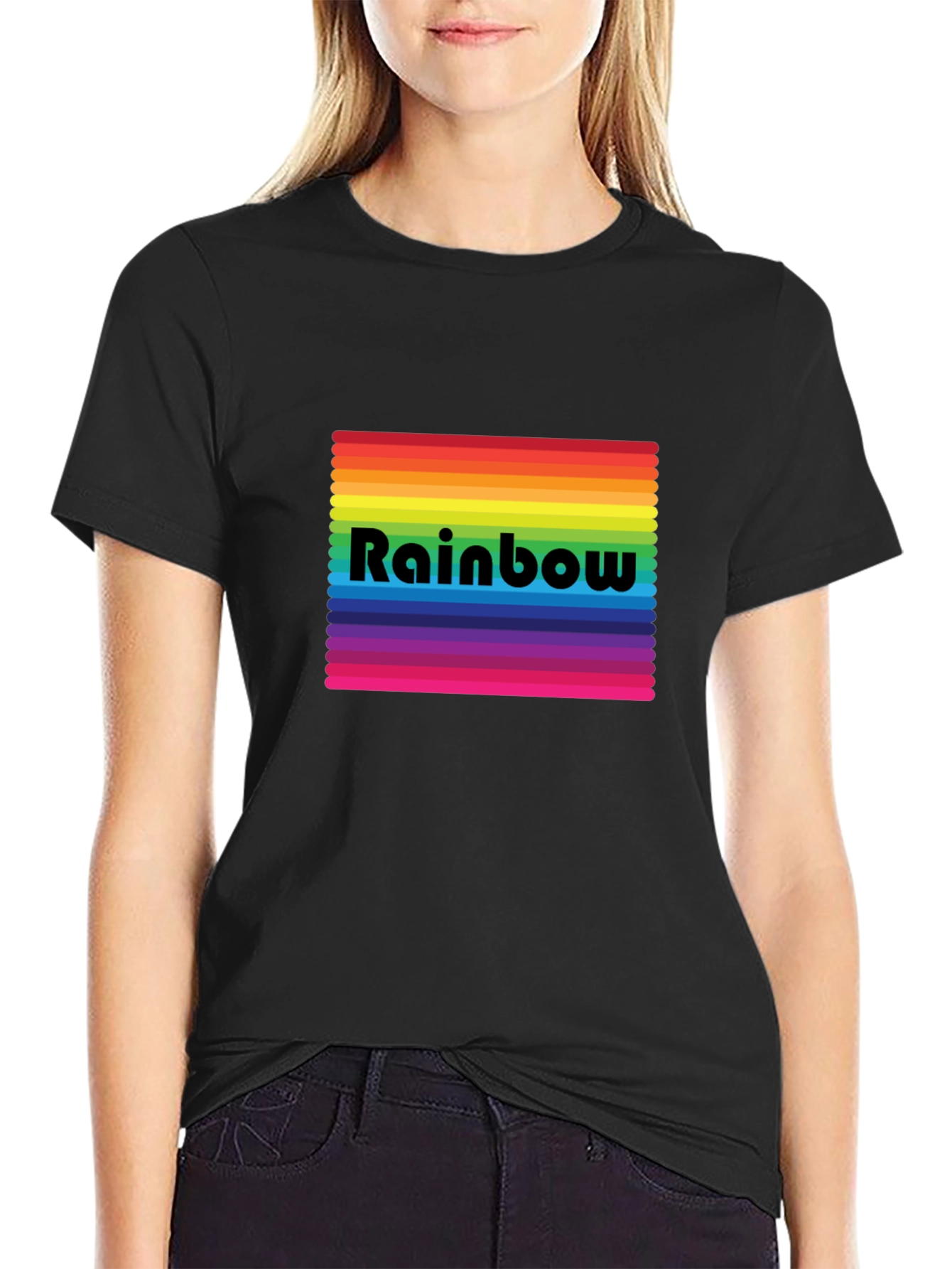 Rainbow Stripe Graphic Tee - Black Cotton Blend