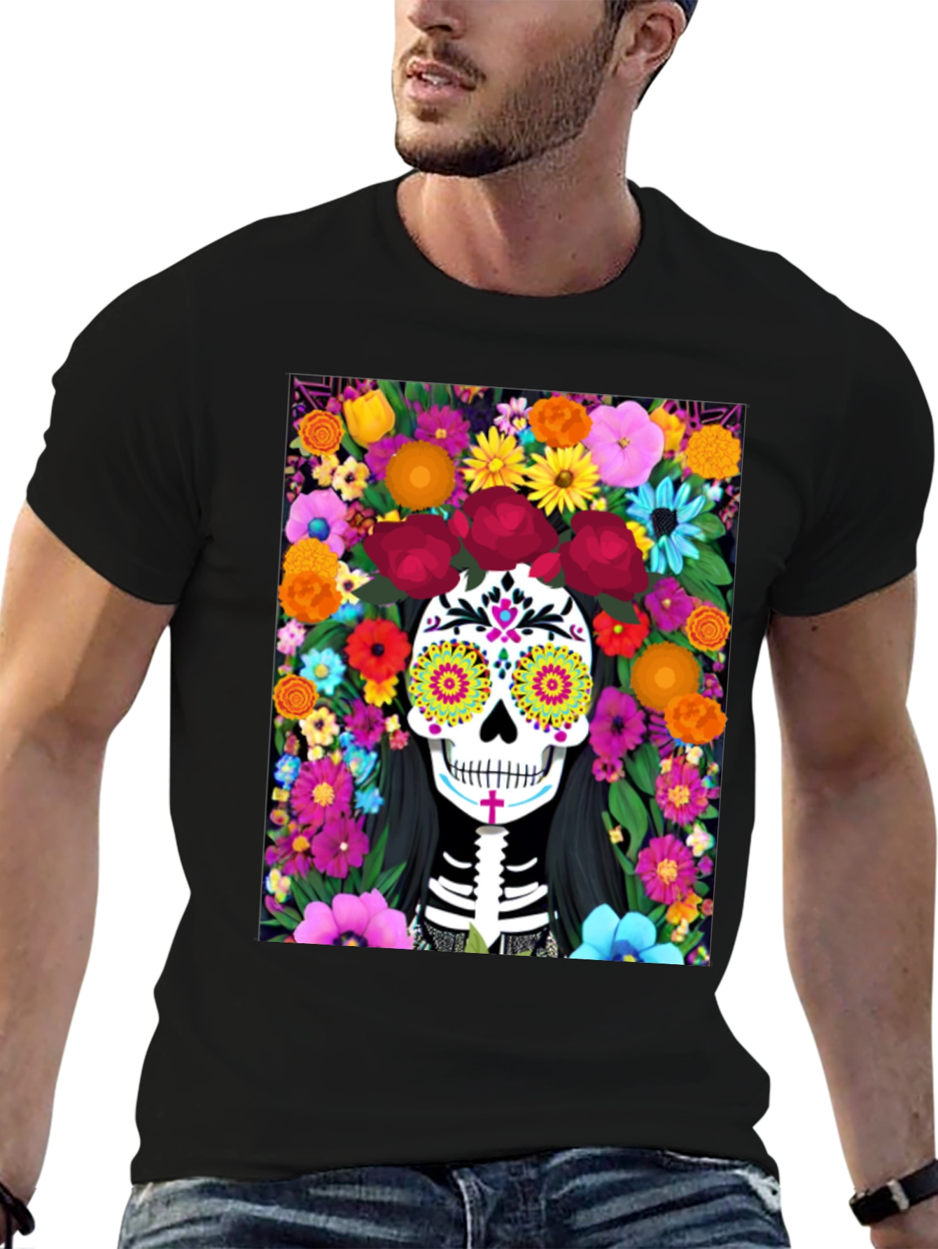 Day of the Dead Skull Floral Graphic Tee