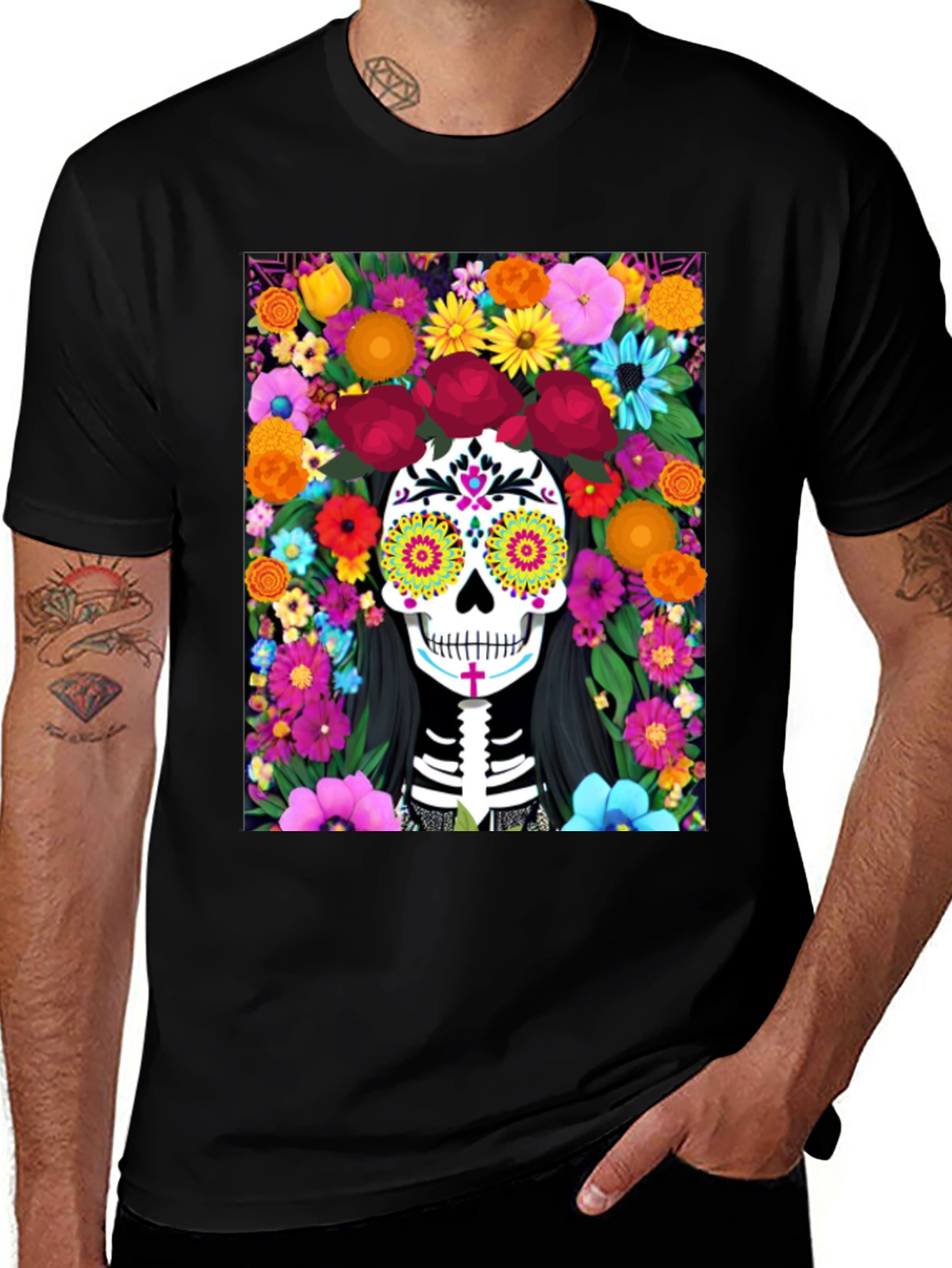 Day of the Dead Skull Floral Graphic Tee