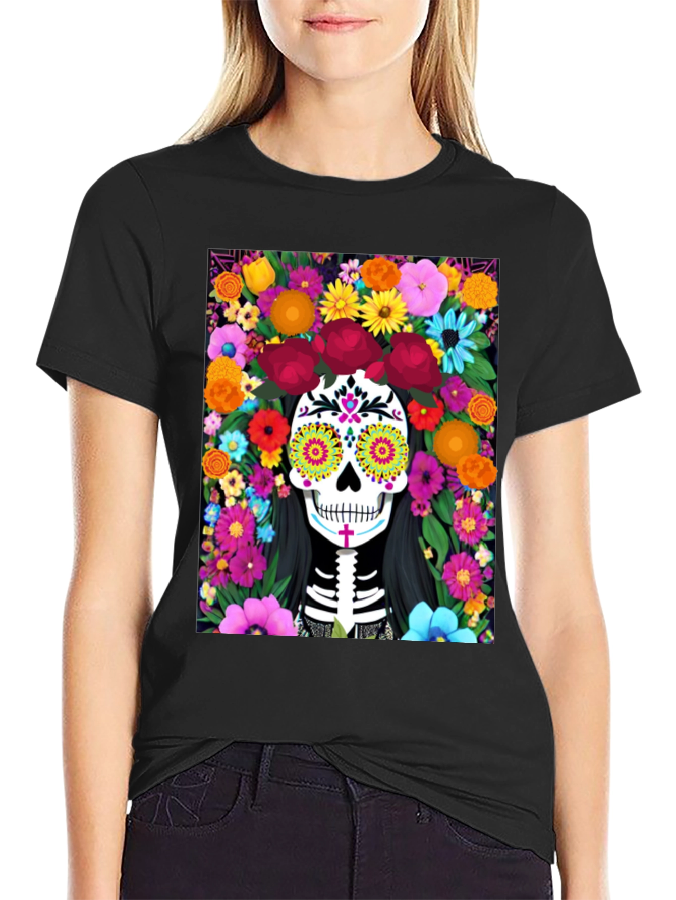 Day of the Dead Skull Floral Graphic Tee