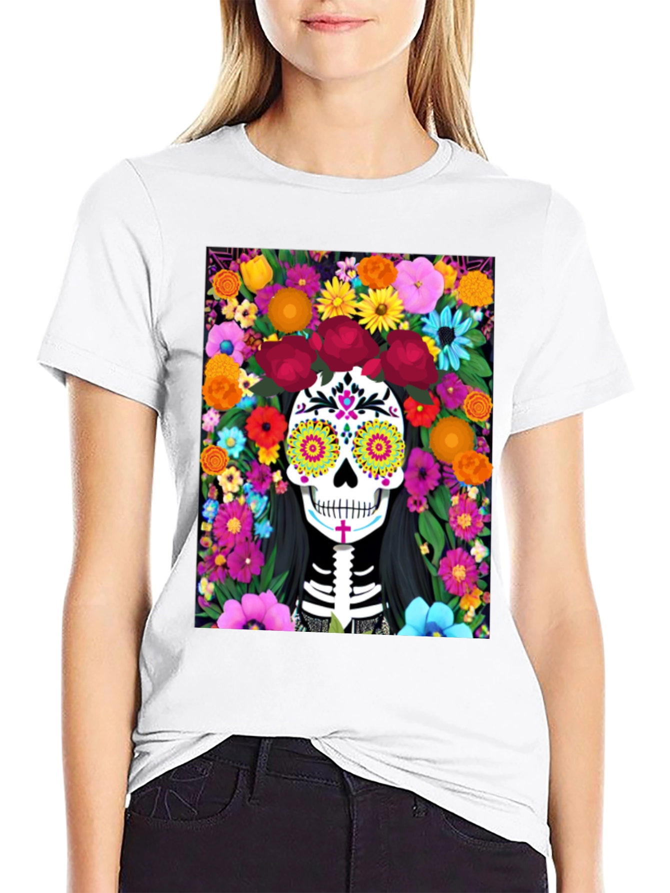 Day of the Dead Skull Floral Graphic Tee