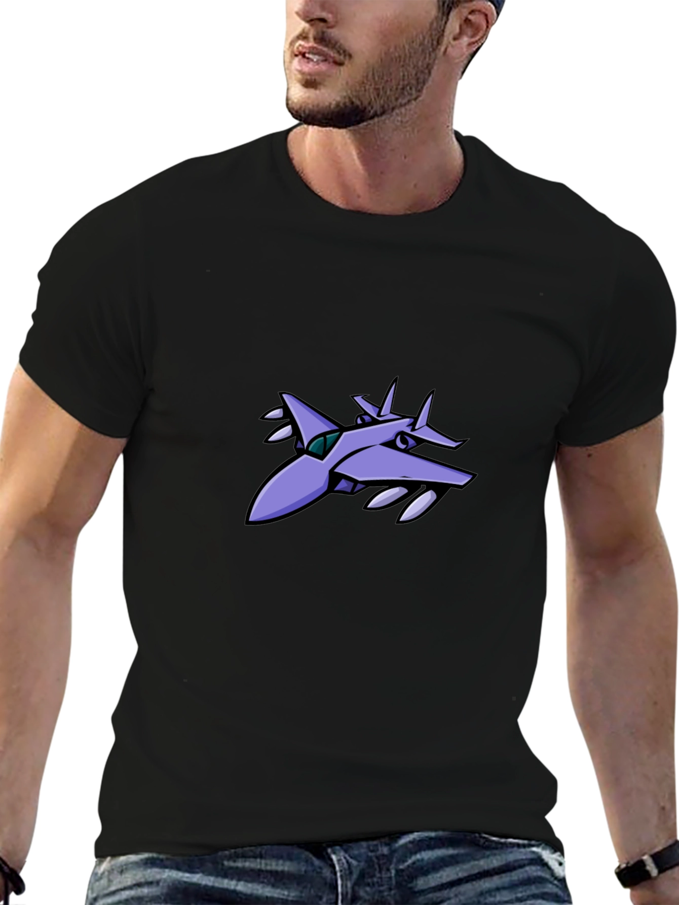 Stylish Black T-Shirt with Aircraft Graphic Design