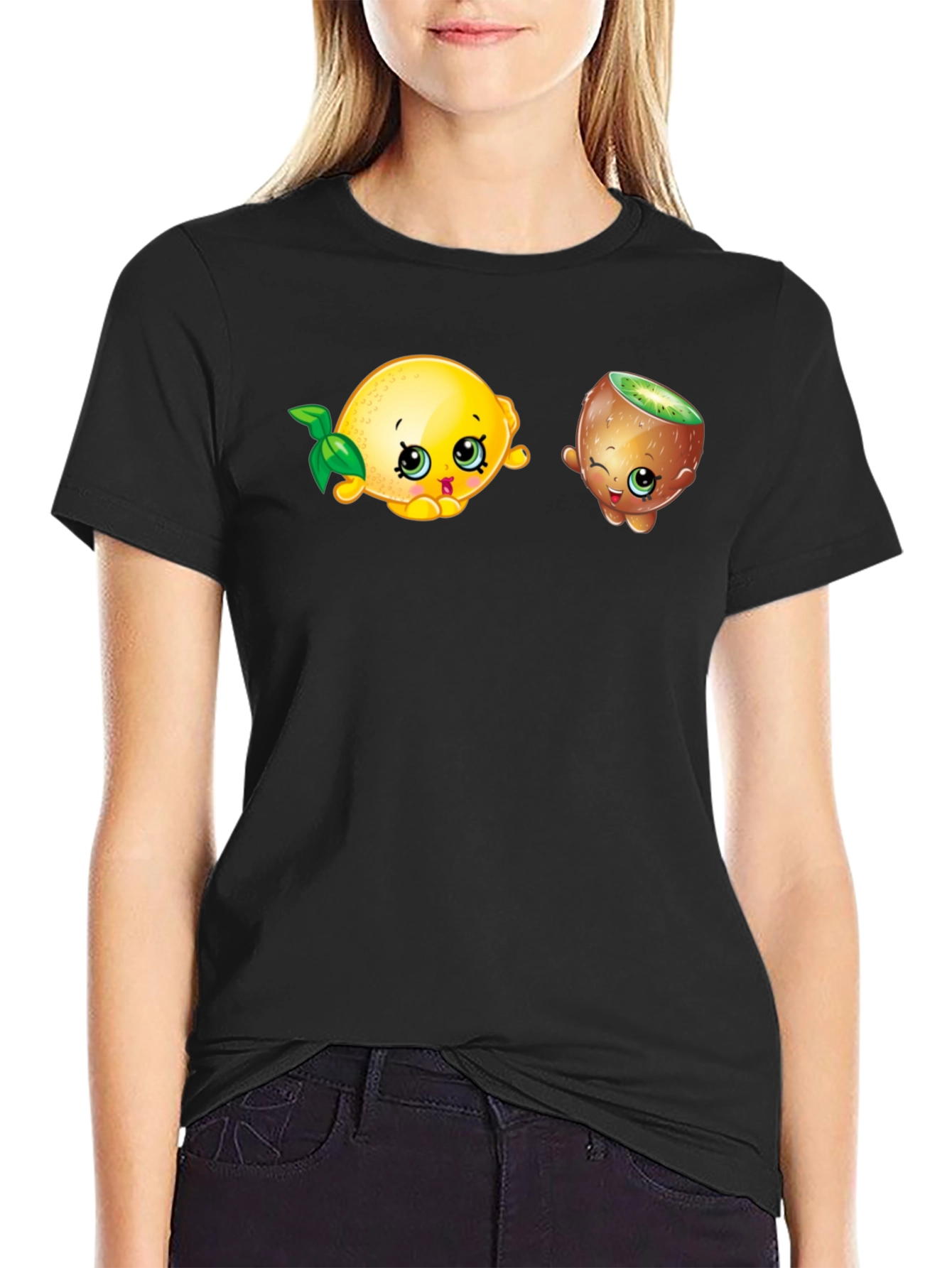 Cartoon Fruit Print Black T-Shirt