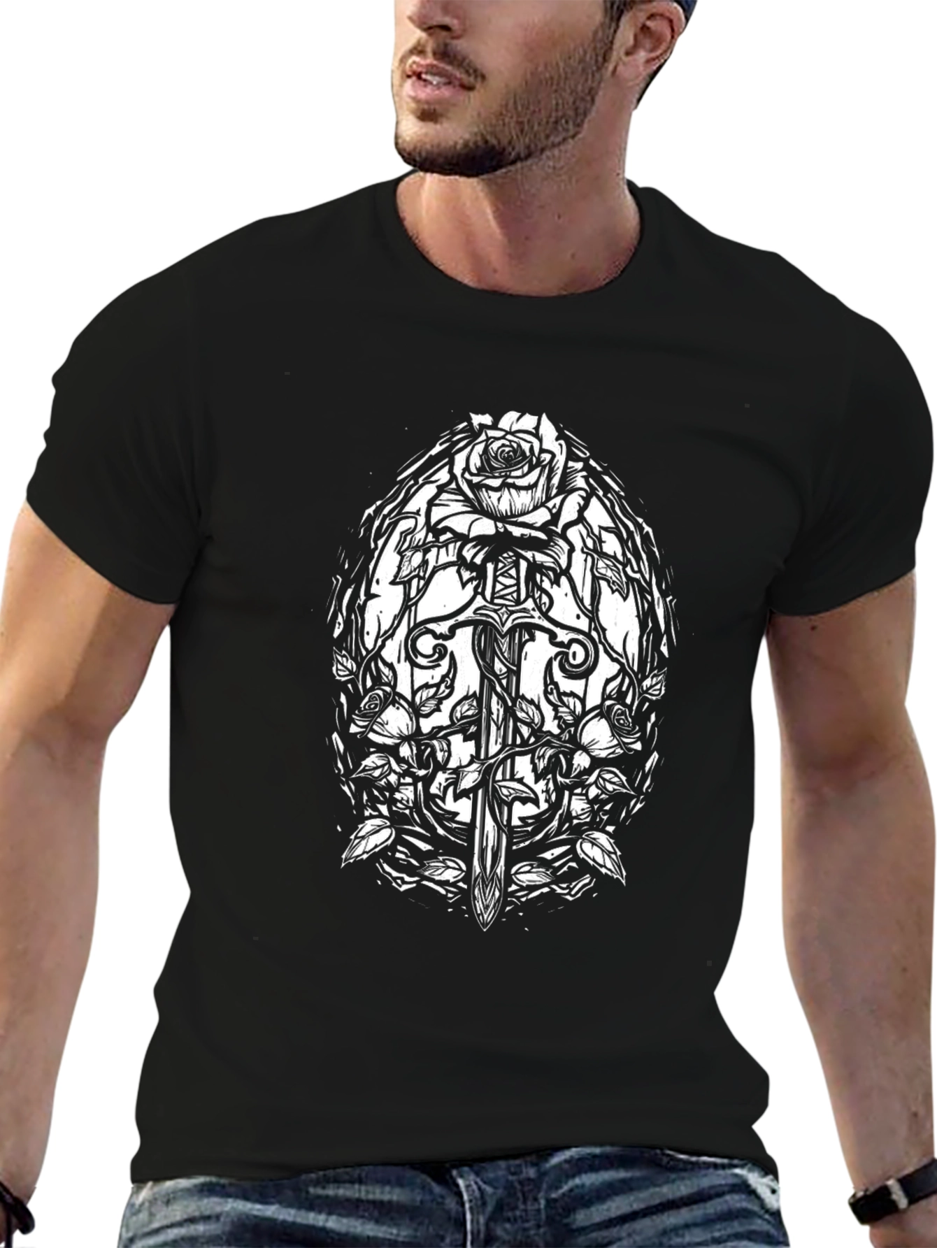 Black T-Shirt with Sword and Roses Graphic