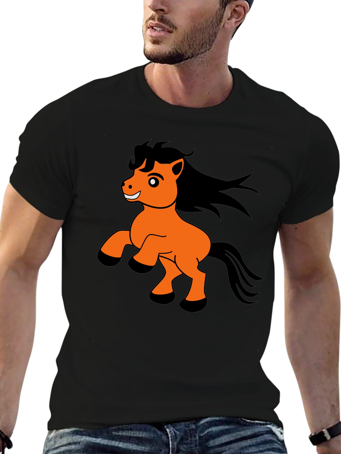Black T-Shirt with Cartoon Pony Print