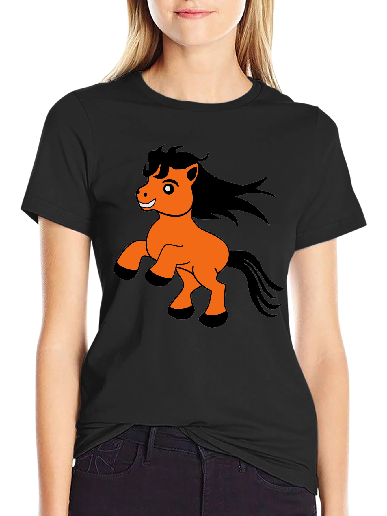 Black T-Shirt with Cartoon Pony Print