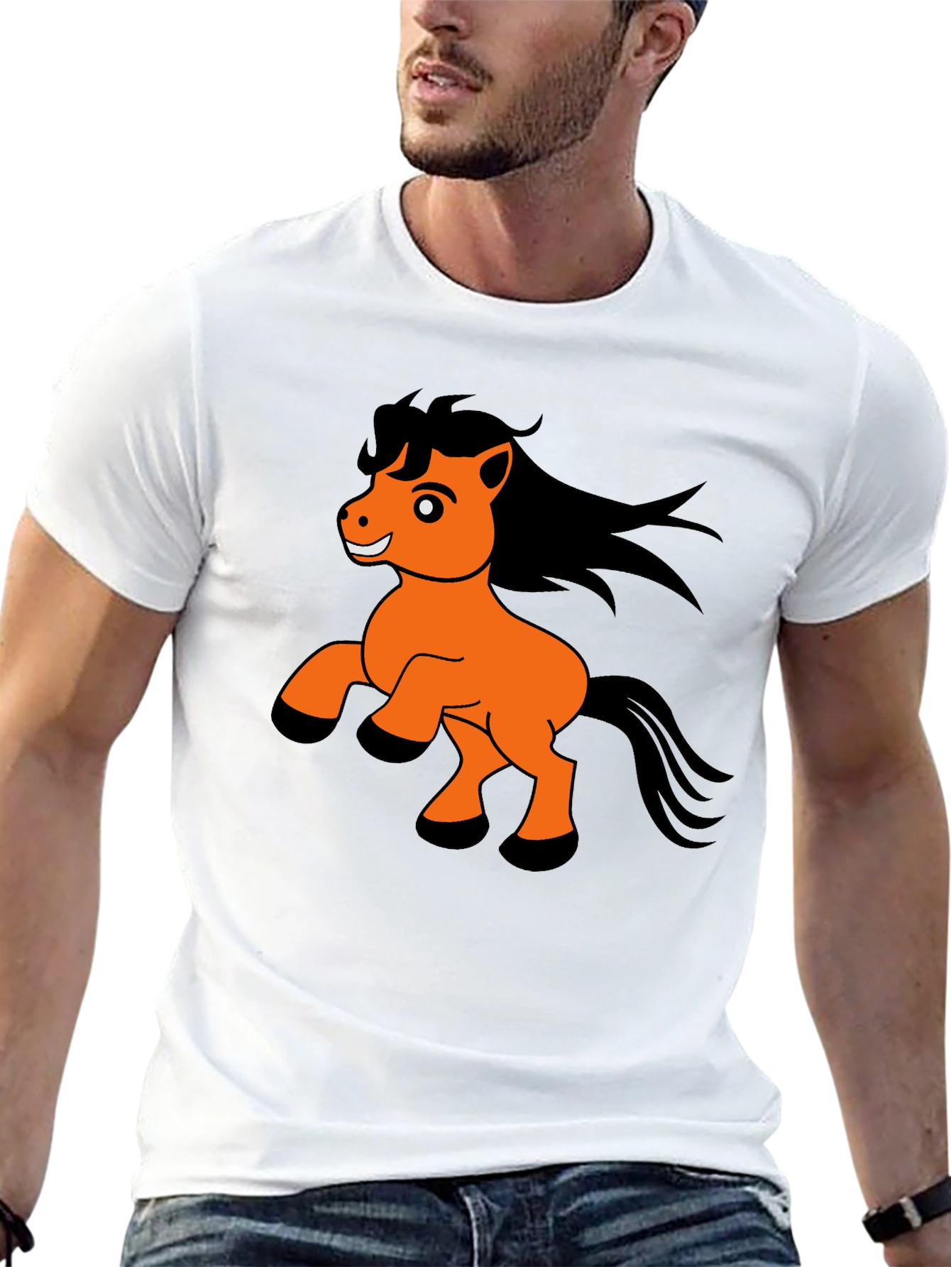 Black T-Shirt with Cartoon Pony Print