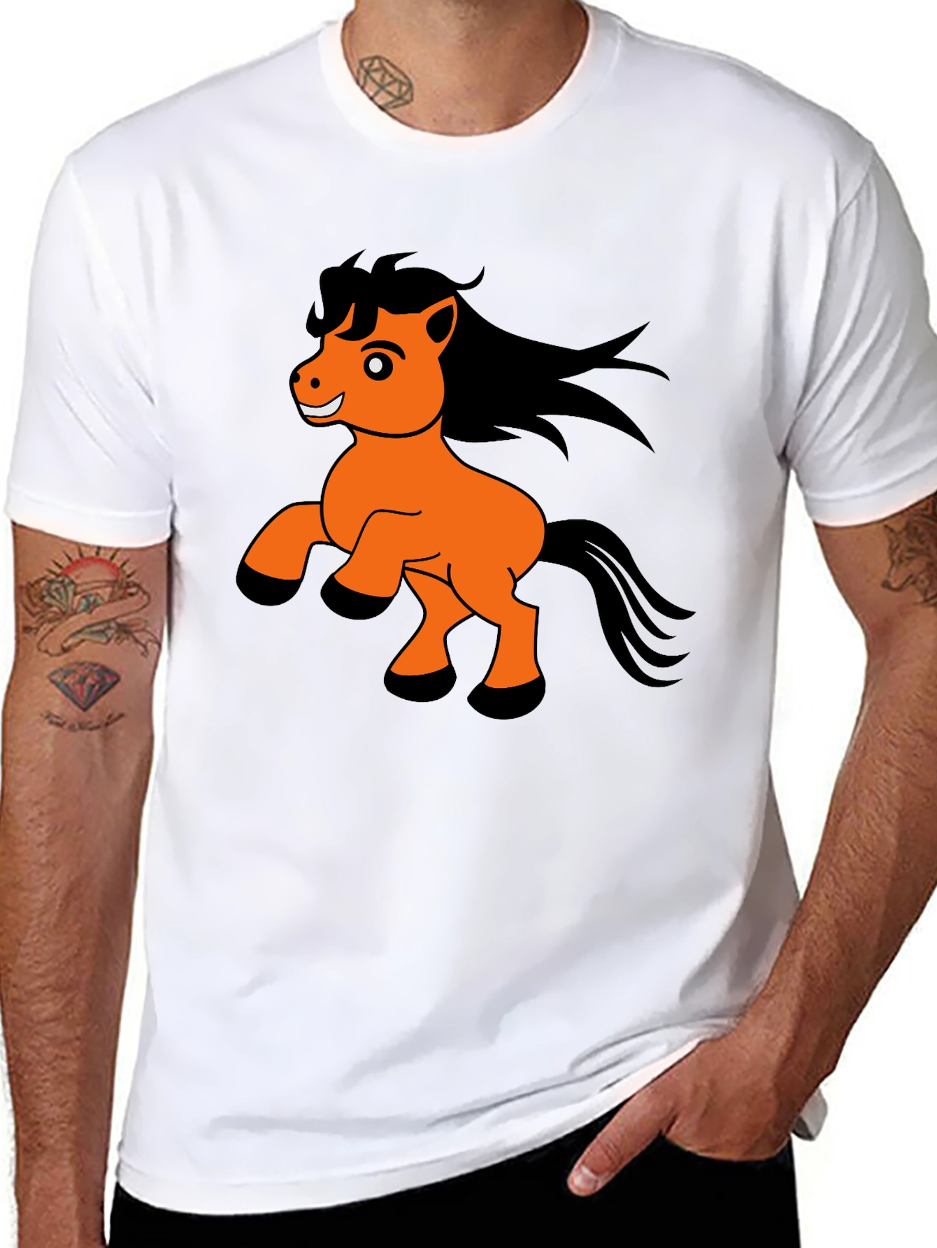 Black T-Shirt with Cartoon Pony Print