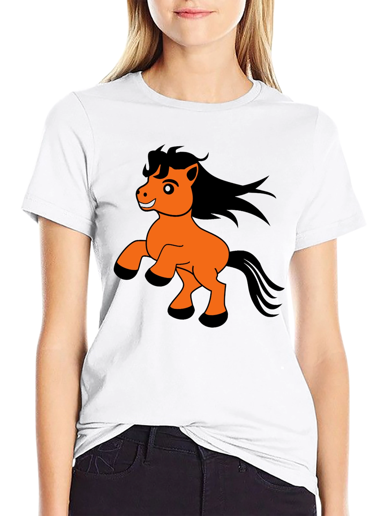 Black T-Shirt with Cartoon Pony Print