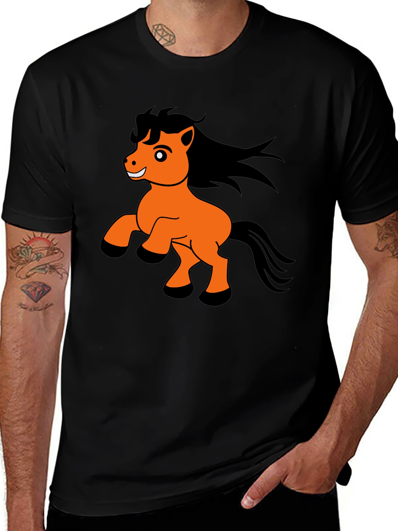 Black T-Shirt with Cartoon Pony Print