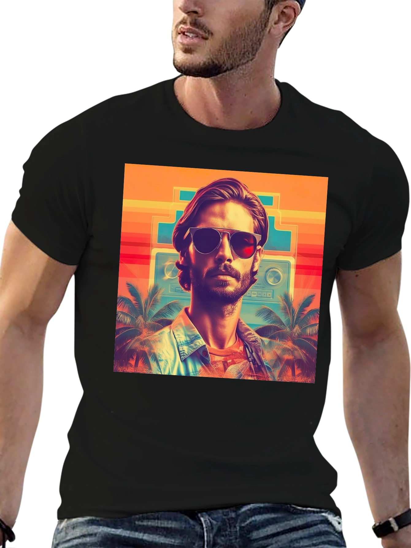 Retro Vibes T-Shirt - Tropical Synthwave Design