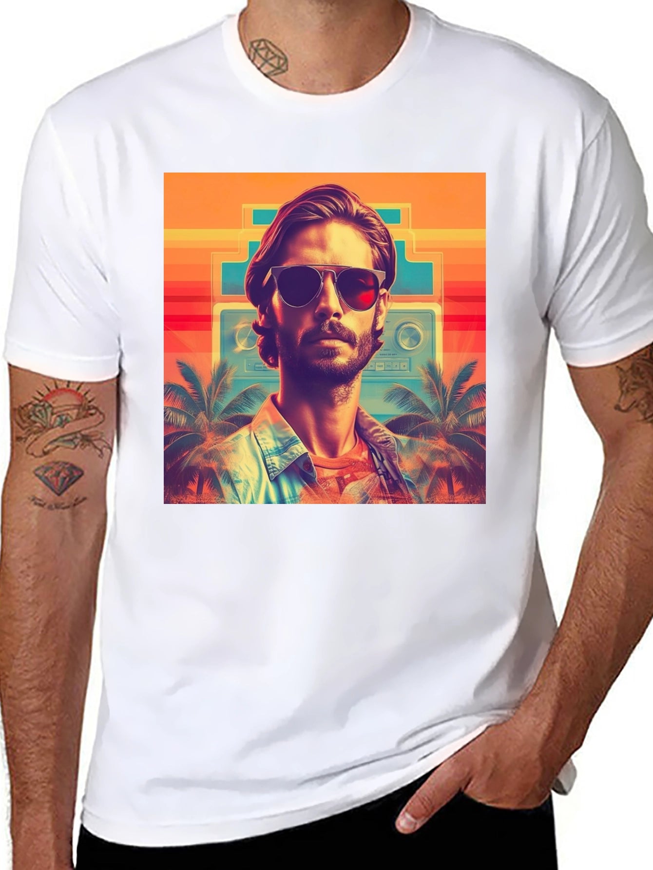 Retro Vibes T-Shirt - Tropical Synthwave Design