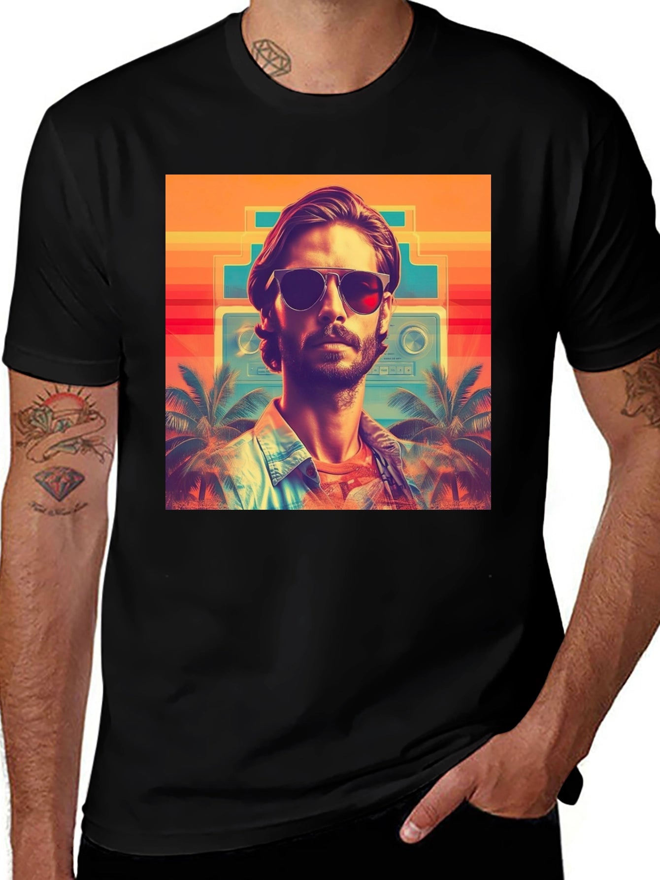 Retro Vibes T-Shirt - Tropical Synthwave Design