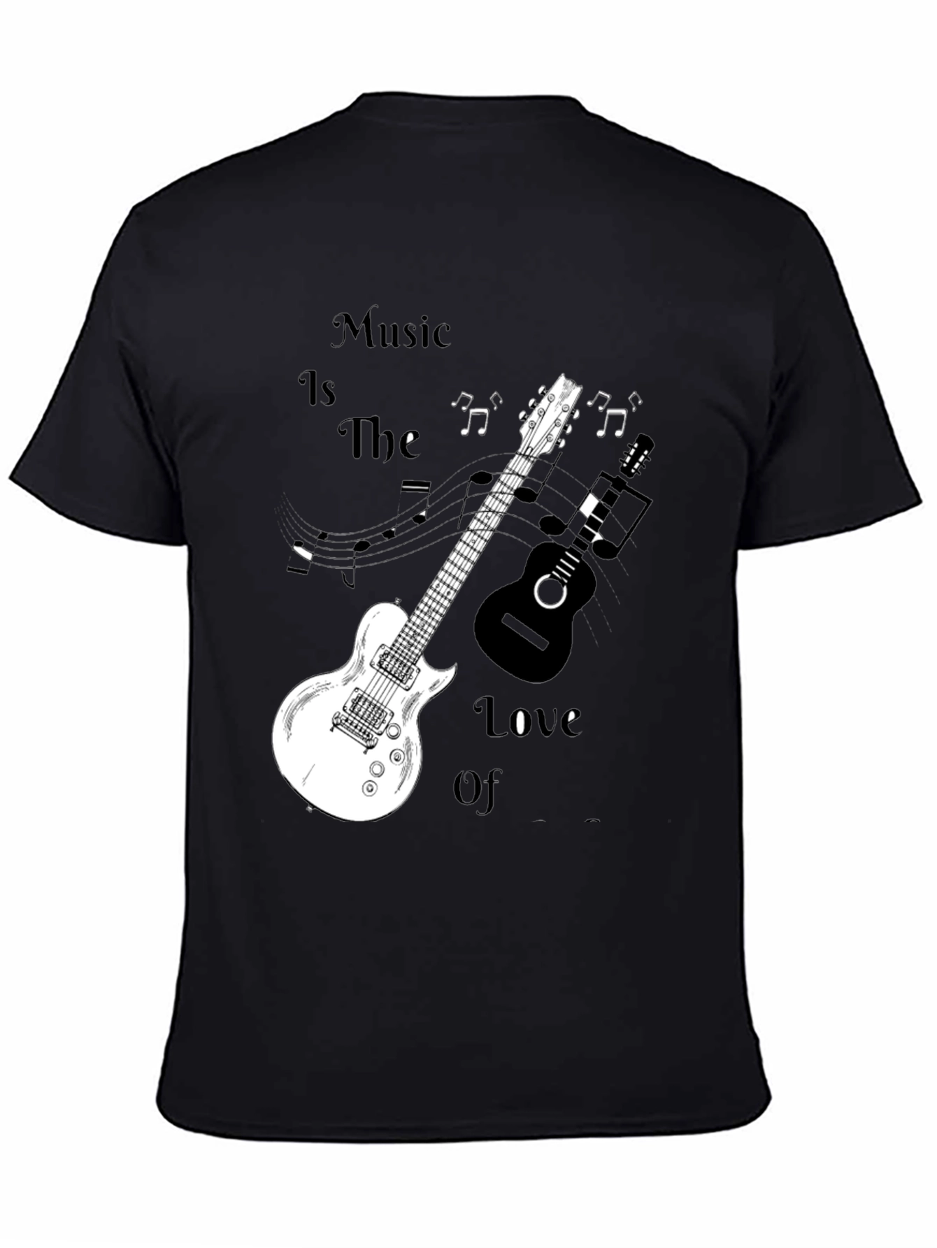 Music Lovers Black Graphic Tee with Guitars